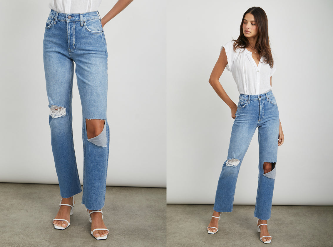 TWO SIDE BY SIDE IMAGES. FIRST IMAGE IS FRONT IMAGE OF TOPANGA STRAIGHT FADED BLUE DESTROY JEANS. SECOND IMAGE IS FRONT FULL BODY IMAGE OF MODEL WEARING TOPANGA STRAIGHT FADED BLUE DESTROY.
