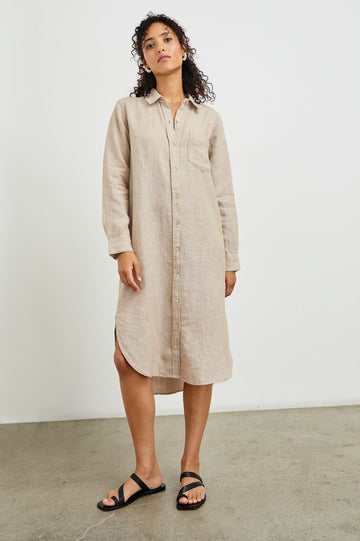 Val Long Sleeve Shirt Dress With Collar And Button Down Front In Colorway Flax - Full Front Body View Featured On Model 