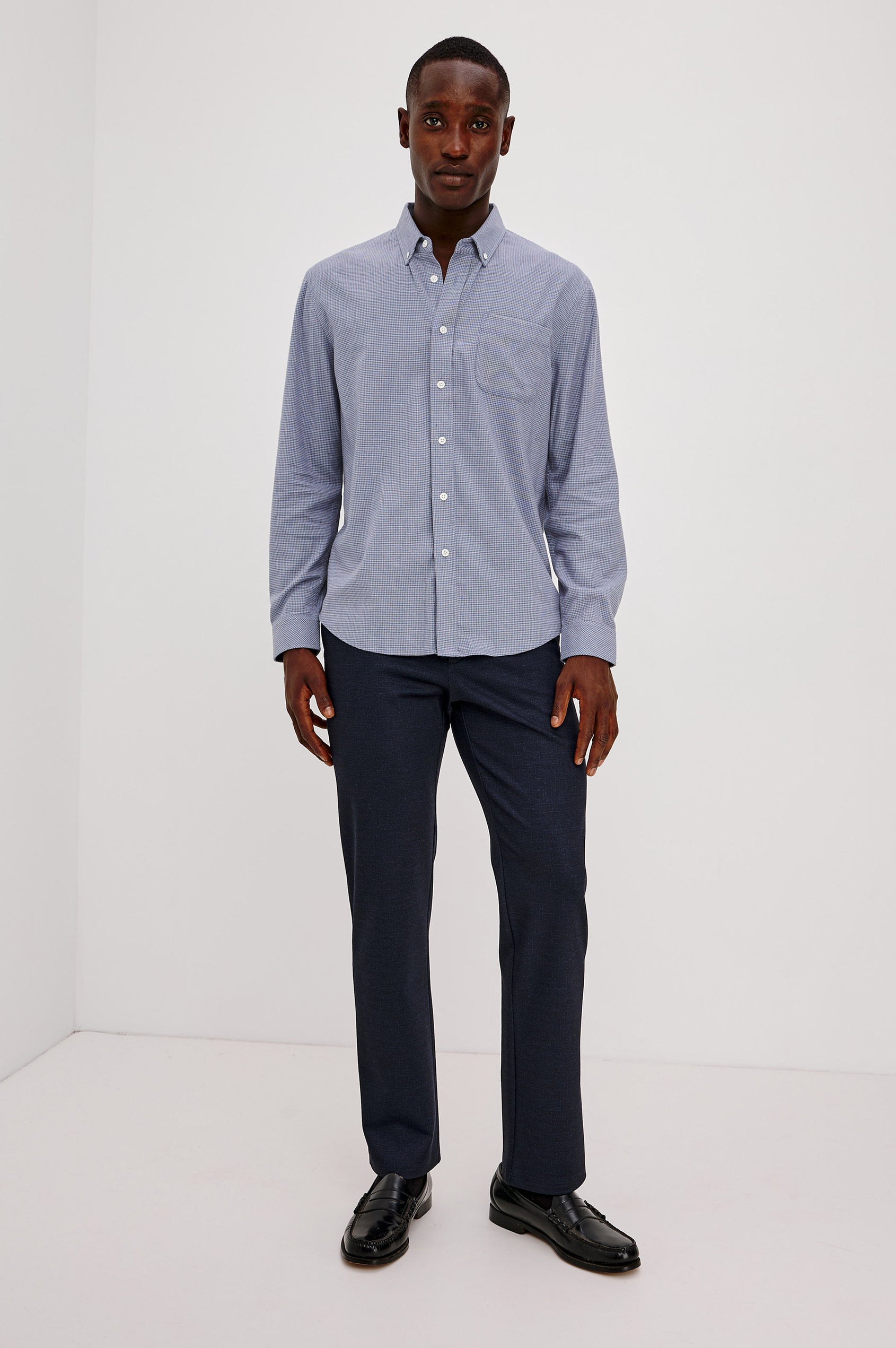 Vance Shirt in Soft Brushed Cotton Blend in Classic Slim Fit, Collar, Button-Down Design, Chest Pocket, and Long Sleeves in Blue Heather Grid Colorway - Full Body Front View Featured on Model
