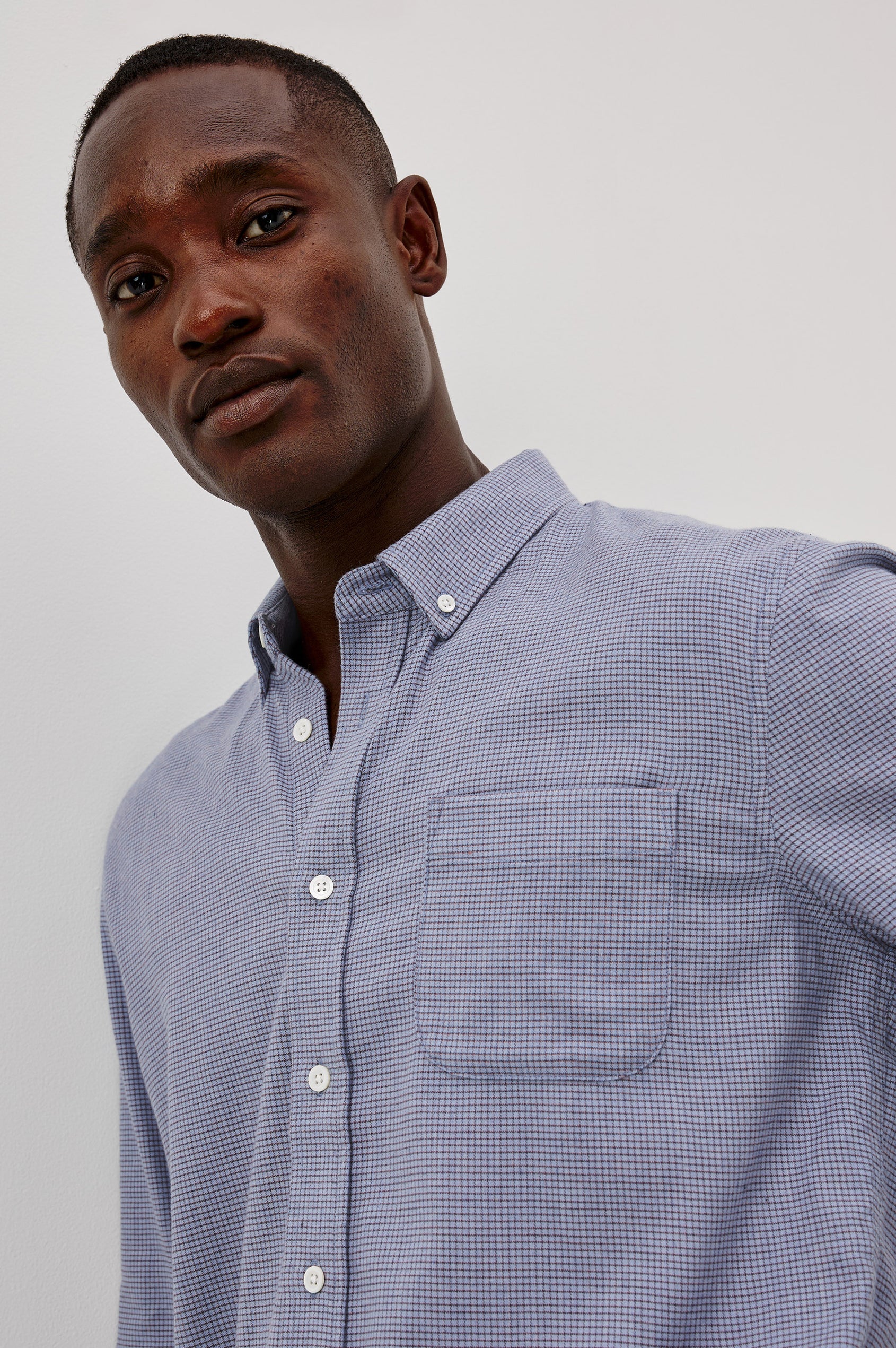 Vance Shirt in Soft Brushed Cotton Blend in Classic Slim Fit, Collar, Button-Down Design, Chest Pocket, and Long Sleeves in Blue Heather Grid Colorway - Upper Body Close Up View Featured on Model