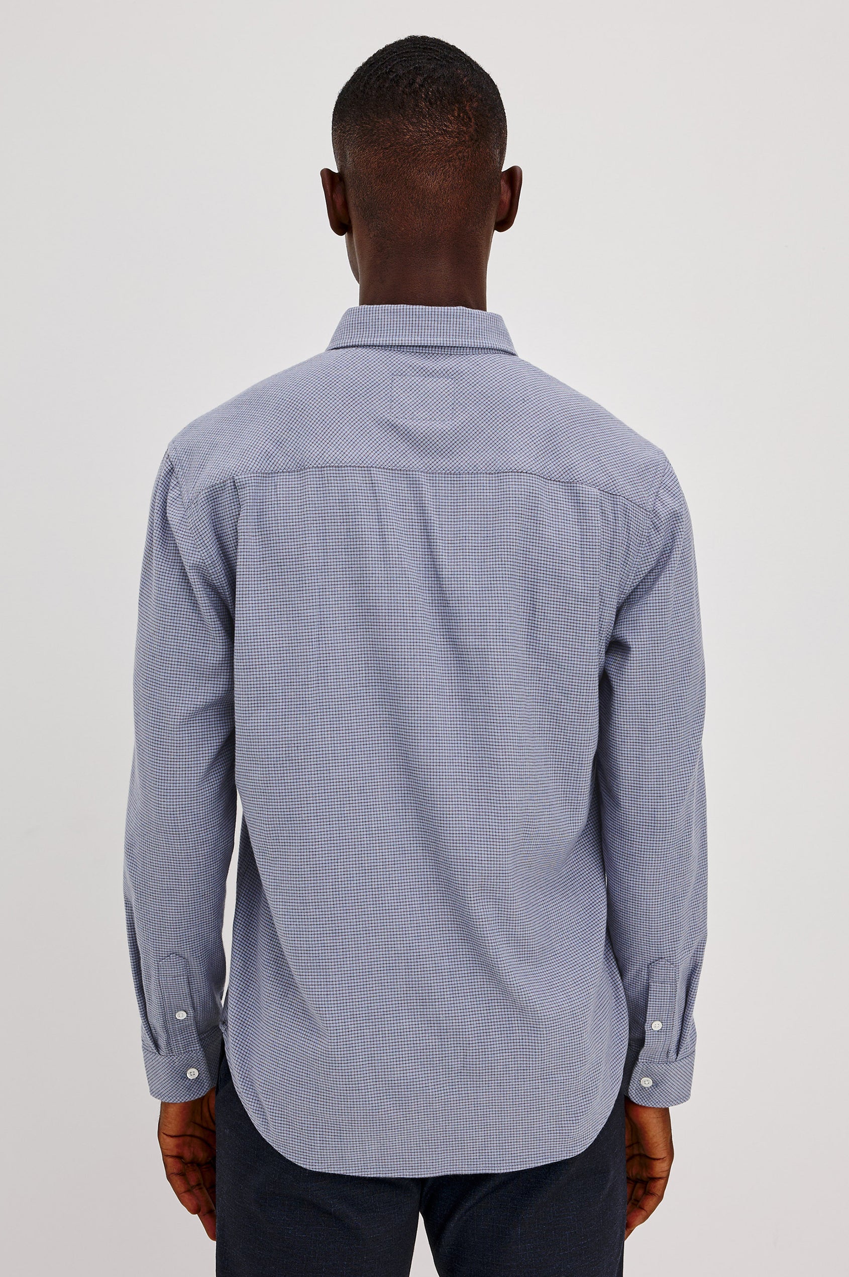 Vance Shirt in Soft Brushed Cotton Blend in Classic Slim Fit, Collar, Button-Down Design, Chest Pocket, and Long Sleeves in Blue Heather Grid Colorway - Upper Body Back View Featured on Model