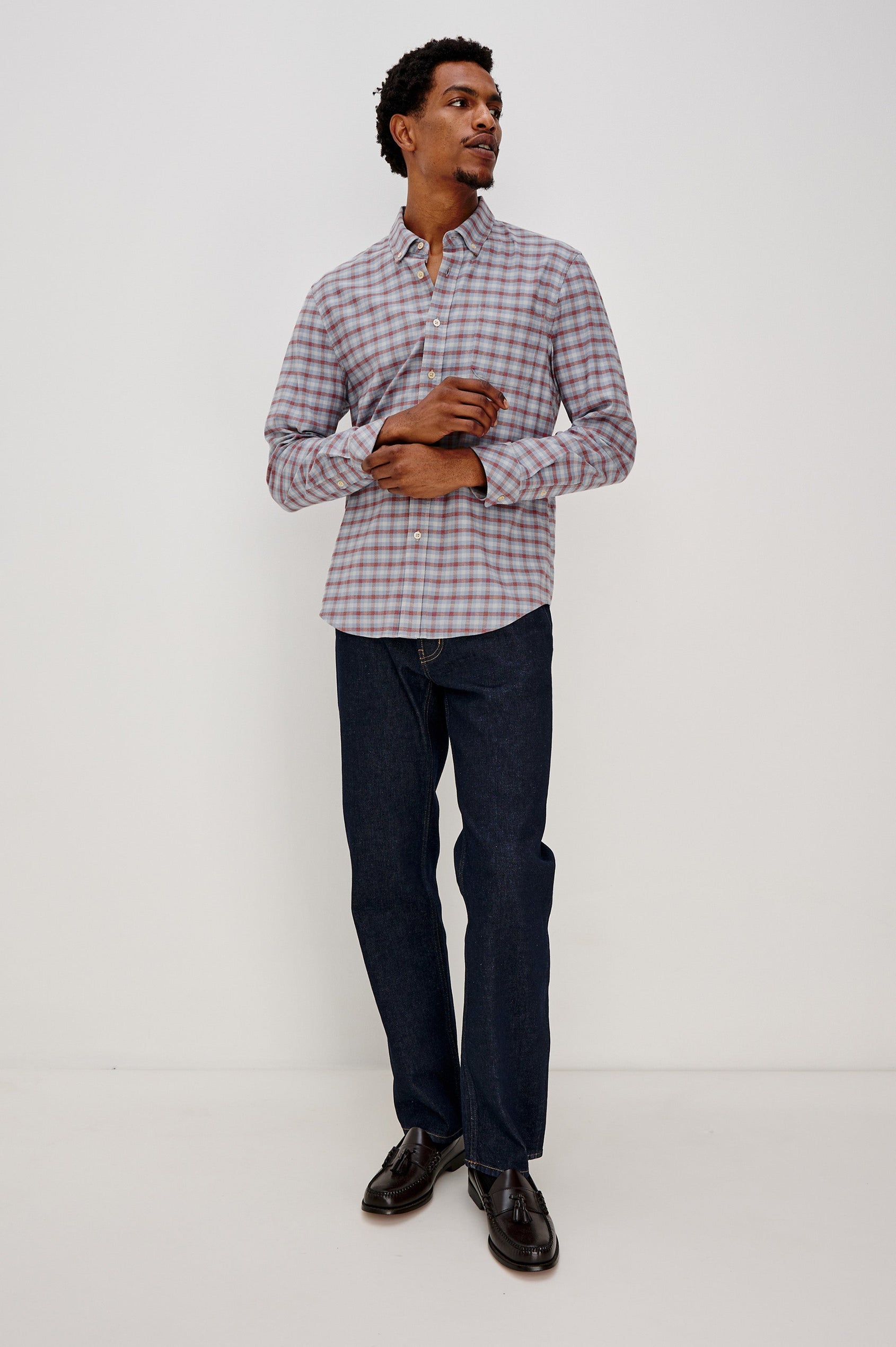 Vance button front collared shirt with long sleeves, collard stand buttons and a single chest pocket in Blue Ruby Check colorway. Front full body view featured on model.