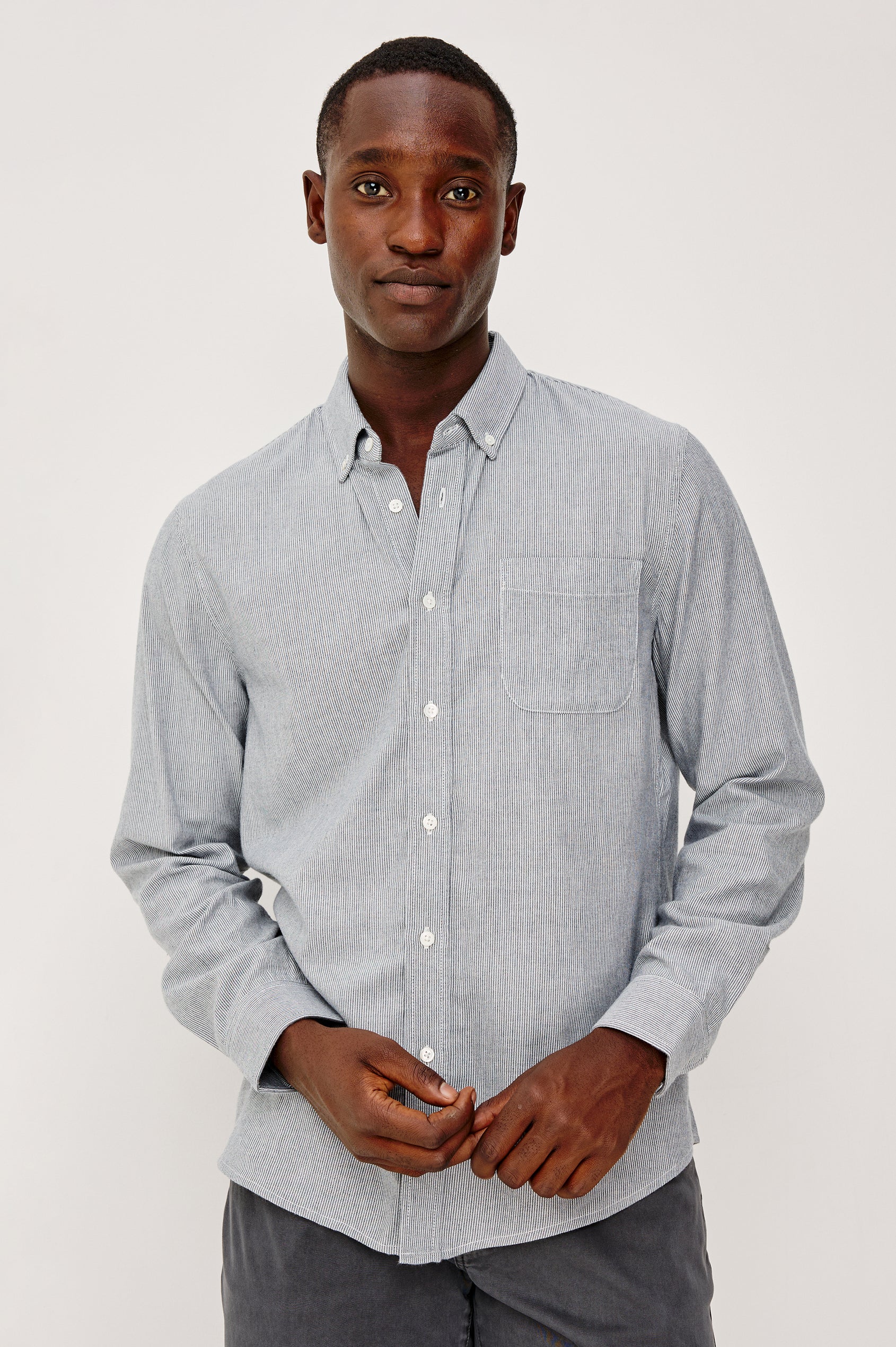Vance Front Button Shirt in Cotton Blend With Collar, Long Sleeves, and Classic Fit in Blue White Stripe Colorway - Upper Body Front View Featured on Model