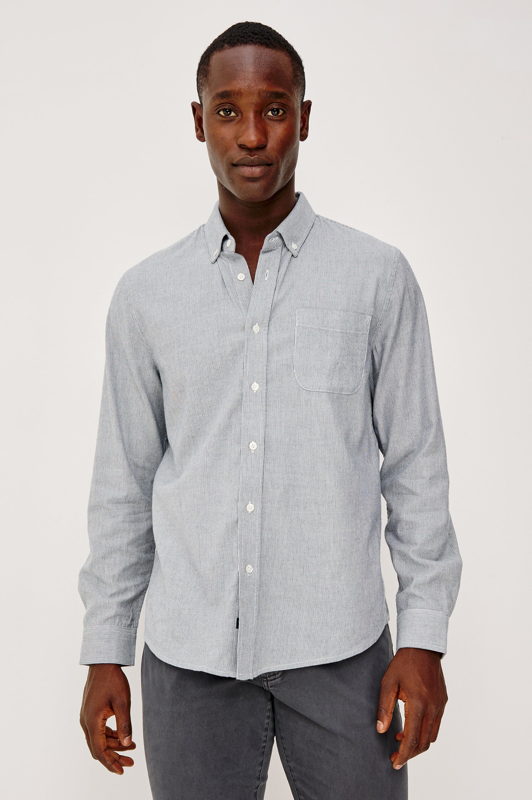 Vance Front Button Shirt in Cotton Blend With Collar, Long Sleeves, and Classic Fit in Blue White Stripe Colorway - Upper Body Front View Featured on Model