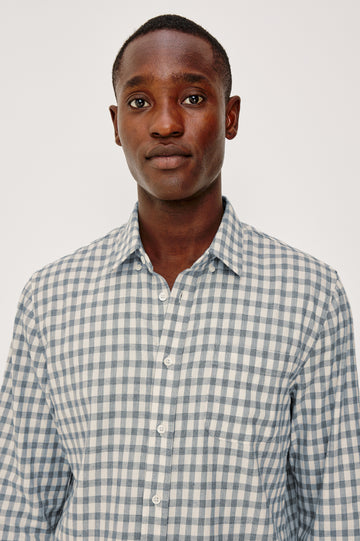 Vance Front Button Shirt in Cotton Blend With Collar, Long Sleeves, and Classic Fit in Bone Navy Check Colorway - Upper Body Front View Featured on Model