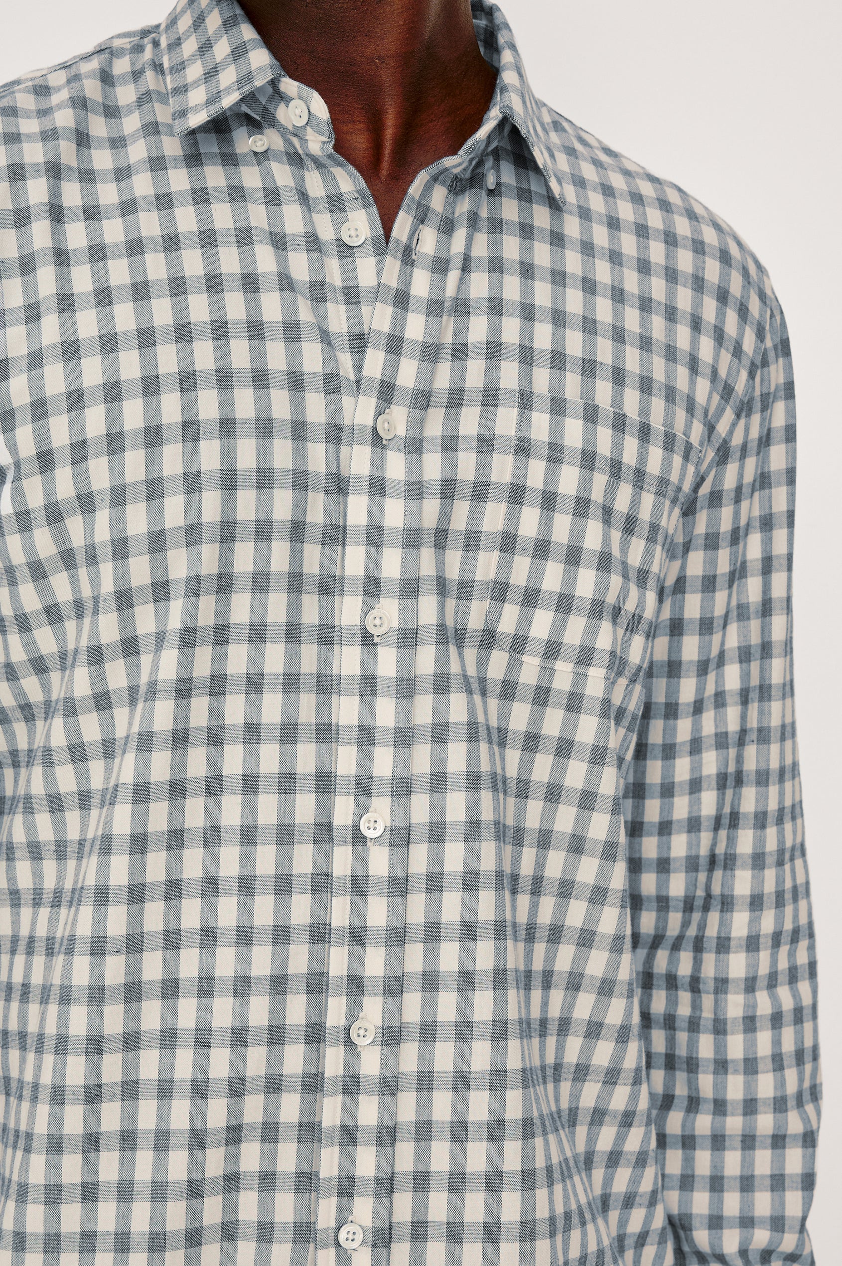 Vance Front Button Shirt in Cotton Blend With Collar, Long Sleeves, and Classic Fit in Bone Navy Check Colorway - Upper Body Front Detail View Featured on Model