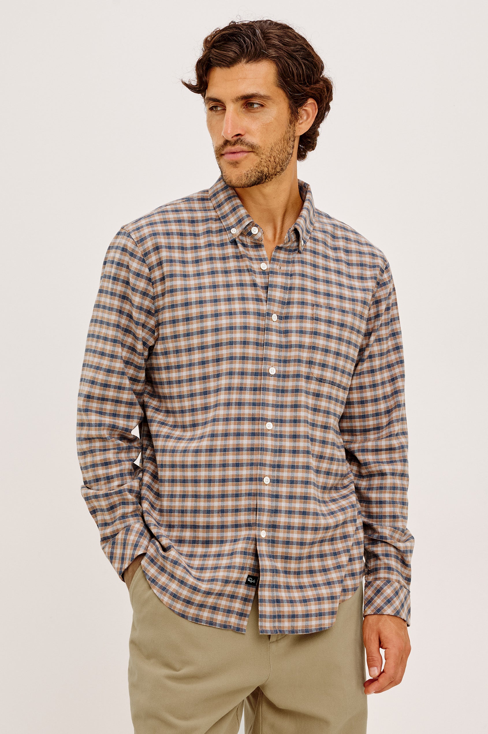 Vance Shirt in Soft Brushed Cotton Blend in Classic Slim Fit, Collar, Button-Down Design, Chest Pocket, and Long Sleeves in Cedar Navy Silver Colorway - Upper Body Front View Featured on Model