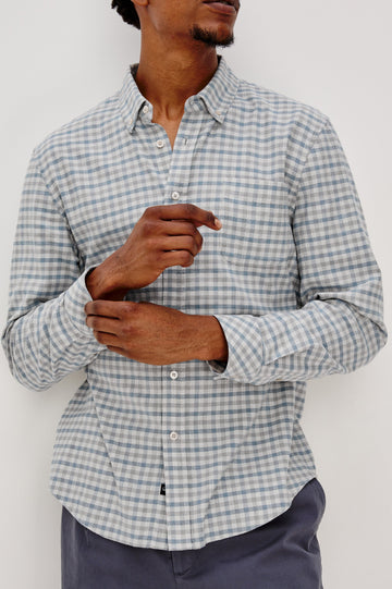 Vance button front collared shirt with long sleeves, collard stand buttons and a single chest pocket in Charcoal Blue Check colorway. Front detail view shown on model.