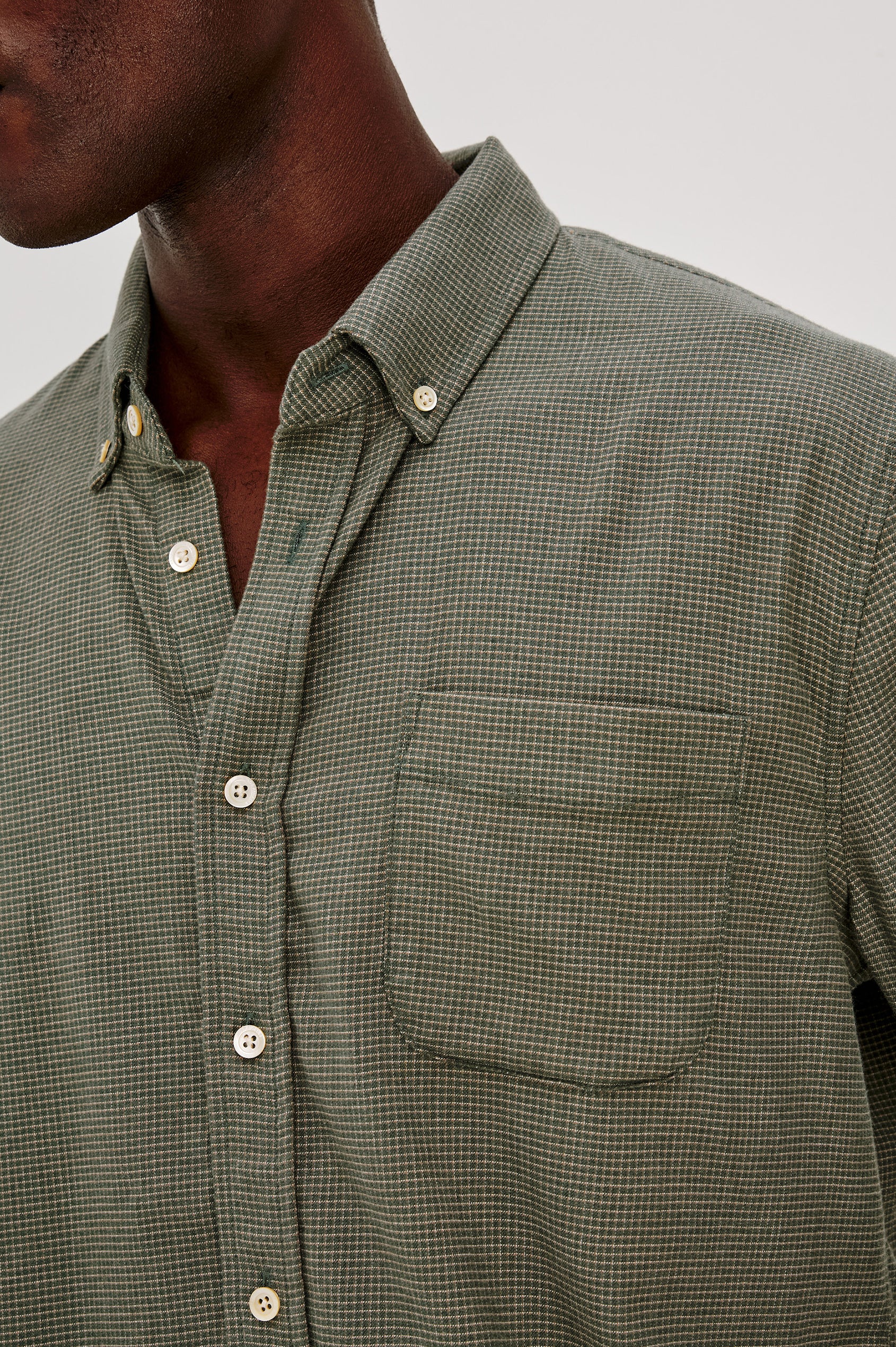 Vance Shirt in Soft Brushed Cotton Blend in Classic Slim Fit, Collar, Button-Down Design, Chest Pocket, and Long Sleeves in Forest Heather Grid Colorway - Upper Body Close Up View Featured on Model
