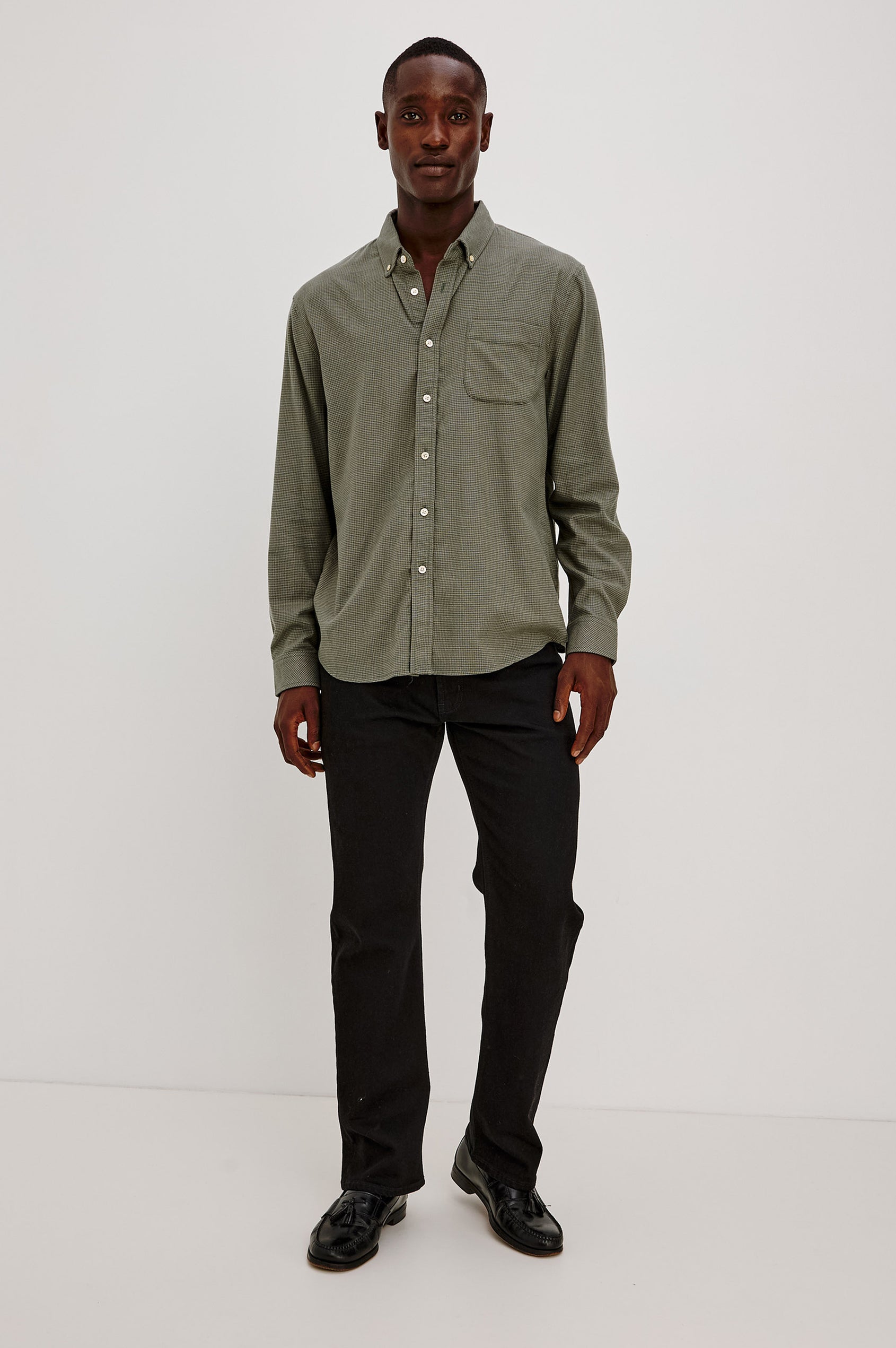 Vance Shirt in Soft Brushed Cotton Blend in Classic Slim Fit, Collar, Button-Down Design, Chest Pocket, and Long Sleeves in Forest Heather Grid Colorway - Full Body Front View Featured on Model