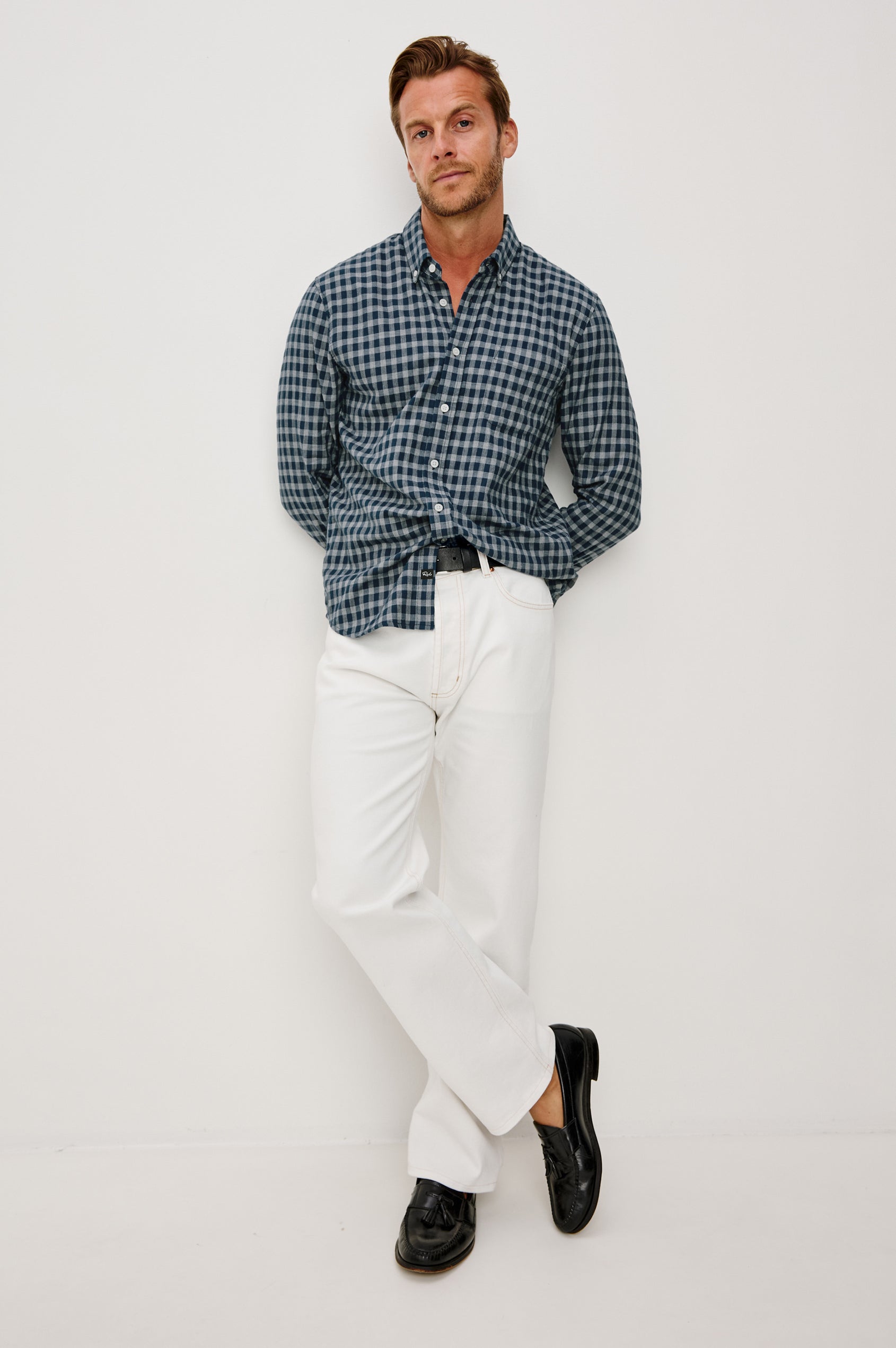 Vance Front Button Shirt in Cotton Blend With Collar, Long Sleeves, and Classic Fit in Navy Ivory Check Colorway - Full Body Front View Featured on Model