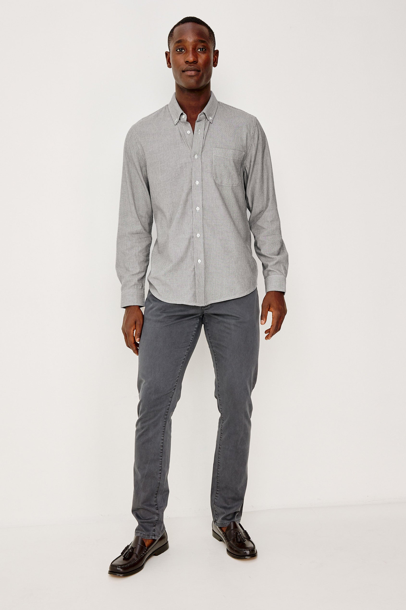 Vance button front collared shirt with long sleeves, collard stand buttons and a single chest pocket in Navy Rope Stripe colorway. Front full body view shown on model.