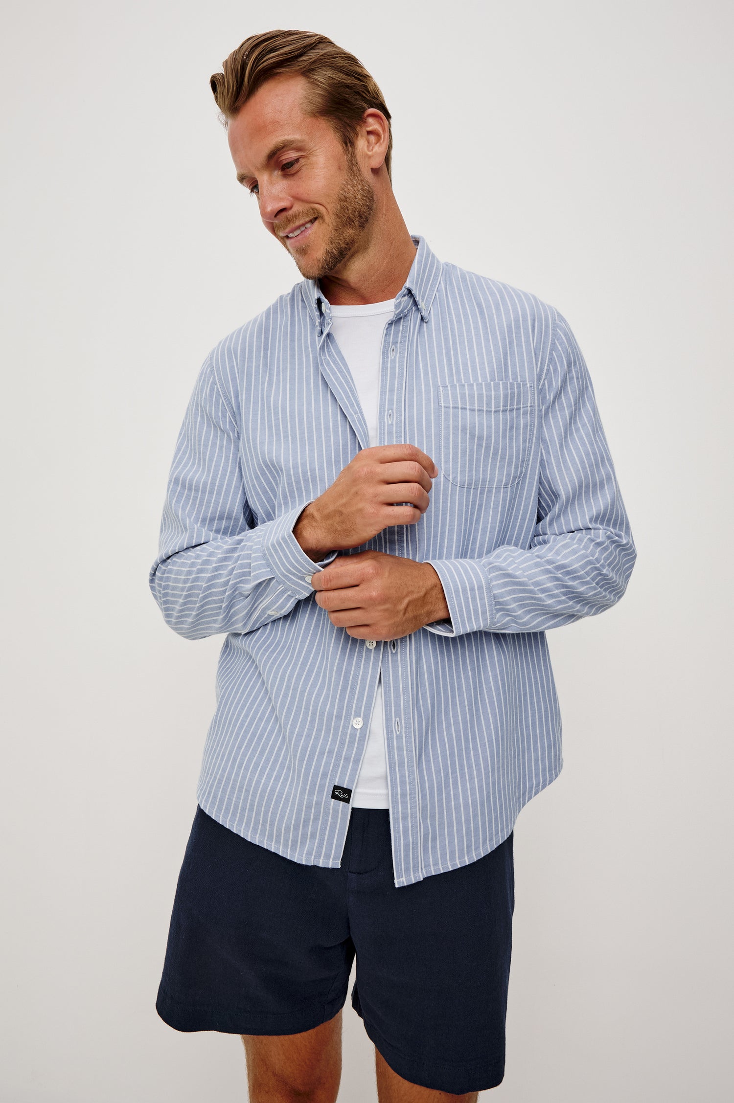 Vance Front Button Shirt in Cotton Blend With Collar, Long Sleeves, and Classic Fit in Oxford White Stripe Colorway - Upper Body Front View Featured on Model