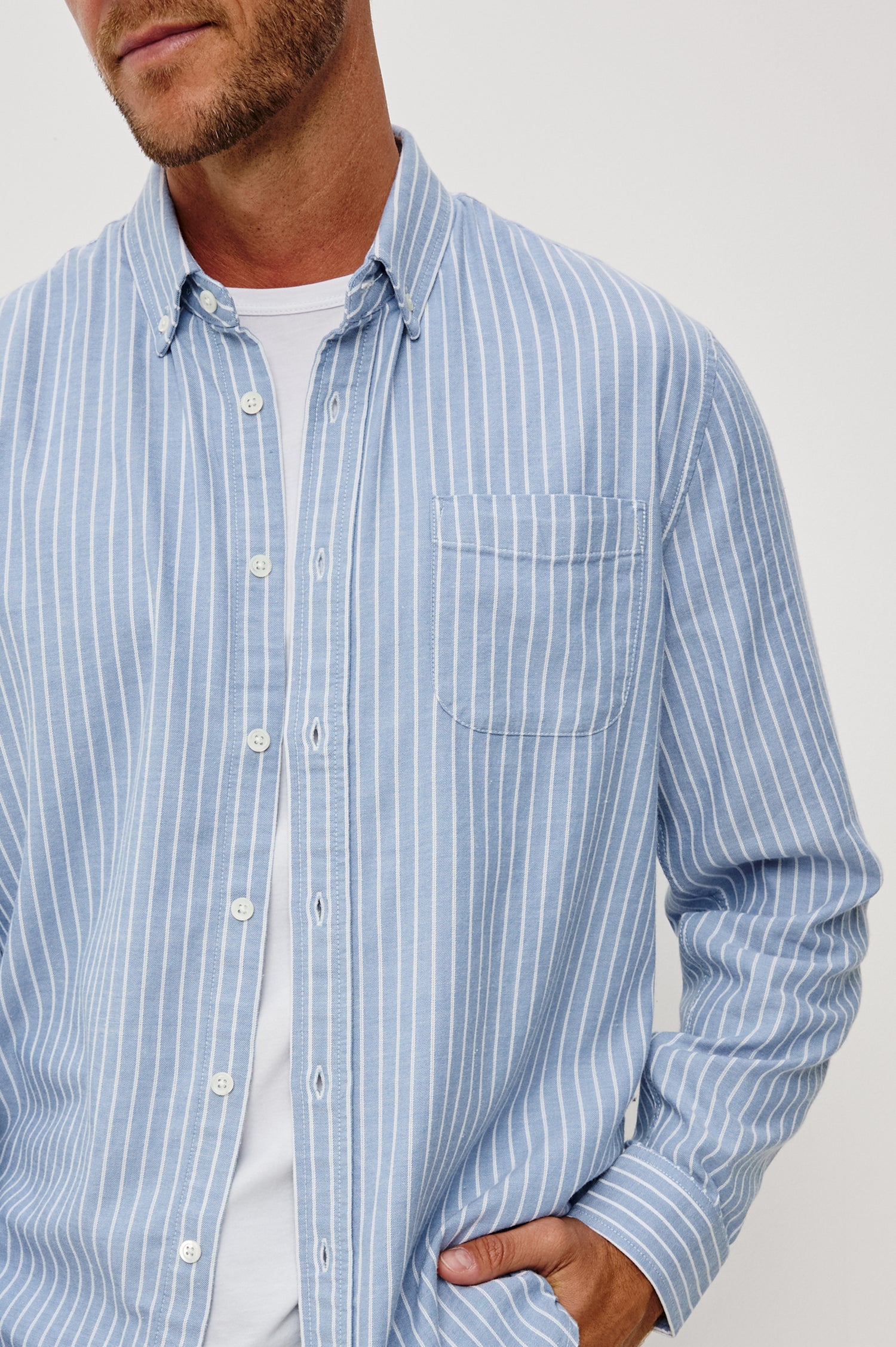 Vance Front Button Shirt in Cotton Blend With Collar, Long Sleeves, and Classic Fit in Oxford White Stripe Colorway - Upper Body Close Up Front View Featured on Model