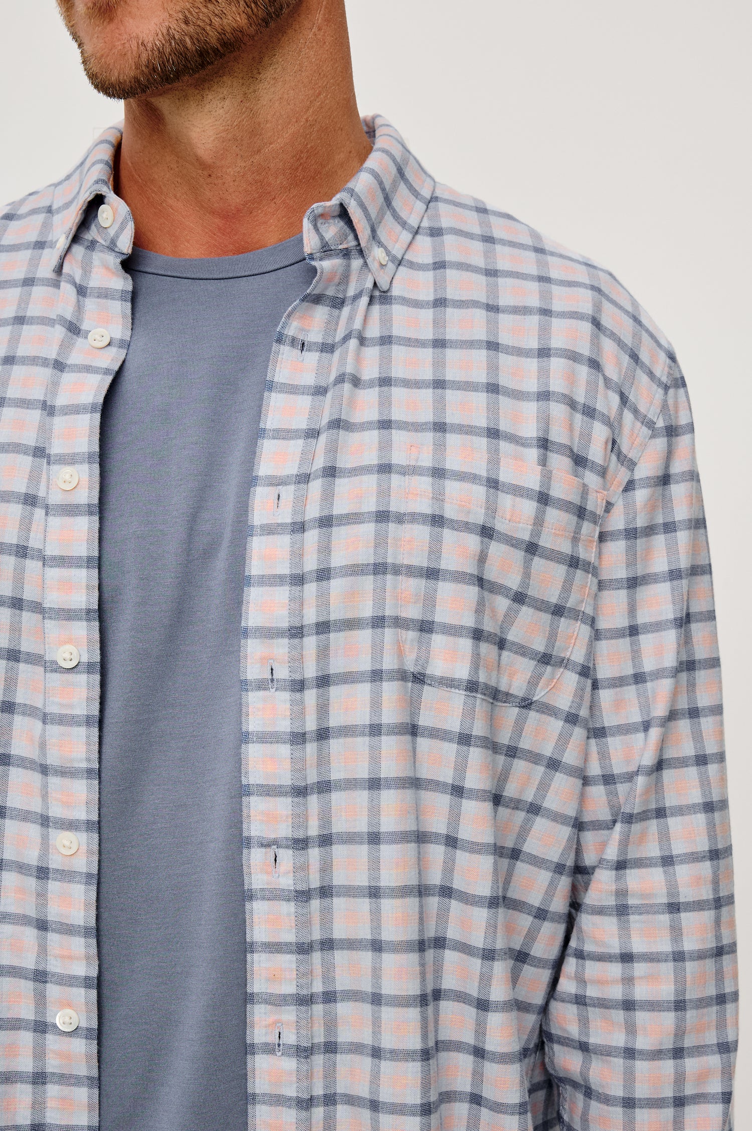 Vance Front Button Shirt in Cotton Blend With Collar, Long Sleeves, and Classic Fit in Peach Sky Colorway - Upper Body Close Up Front View Featured on Model