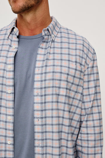 Vance Front Button Shirt in Cotton Blend With Collar, Long Sleeves, and Classic Fit in Peach Sky Colorway - Upper Body Close Up Front View Featured on Model