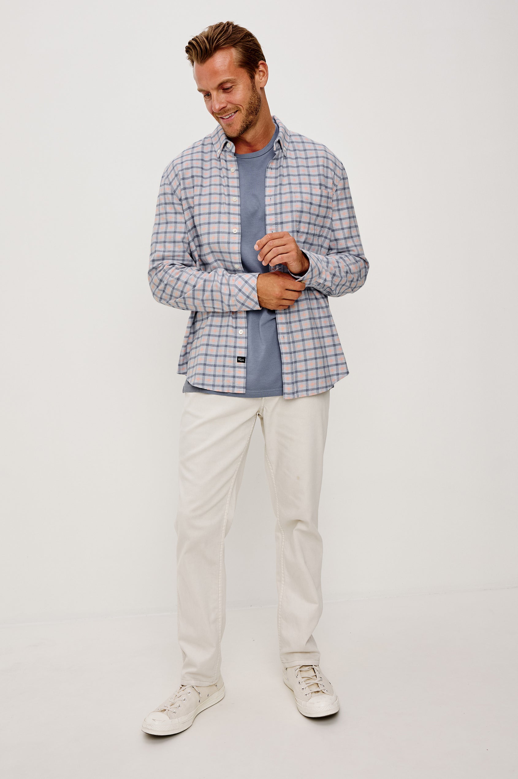 Vance Front Button Shirt in Cotton Blend With Collar, Long Sleeves, and Classic Fit in Peach Sky Colorway - Full Body Front View Featured on Model
