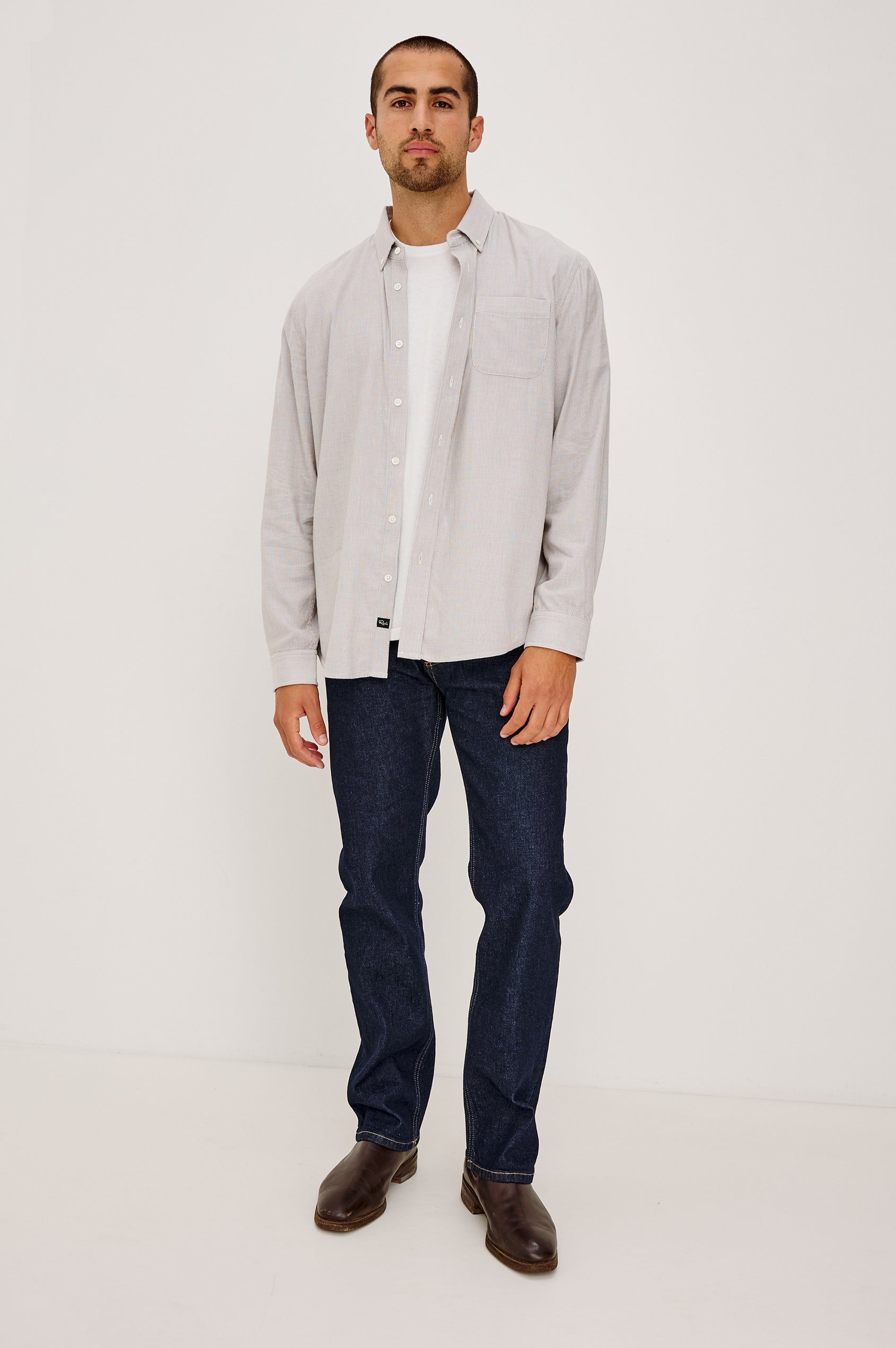 Vance Button-Down Shirt in Cotton Twill Blend With Collar, Long Sleeves, and Single Chest Patch Pocket in Pebble Rope Stripe Colorway - Upper Body Front View Featured on Model