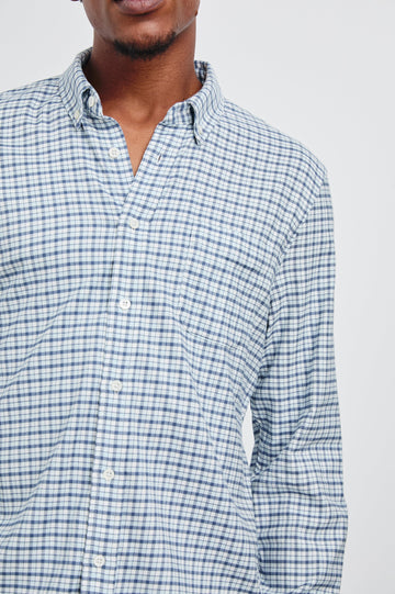 Vance Long-Sleeve Button Up with a Chest Patch Pocket in Stellar Navy Check Colorway, a plaid in white and blues - Front View Featured on Model