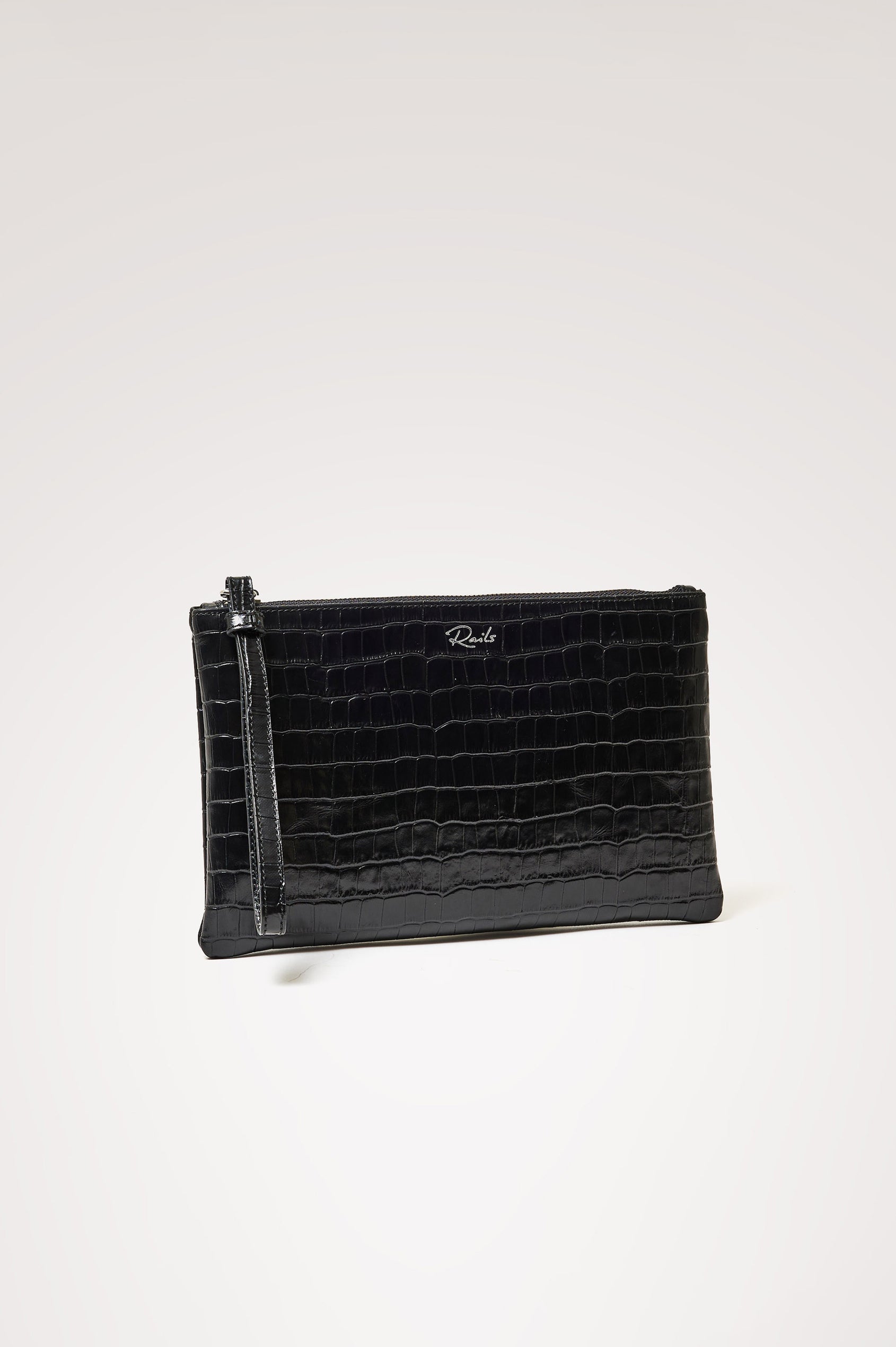 Verona Clutch Bag in Croc-Embossed Leather With Attached Wristlet Strap, Top Zip Closure, and Interior Slip Pocket in Black Croc Embossed Colorway - Front angled product view