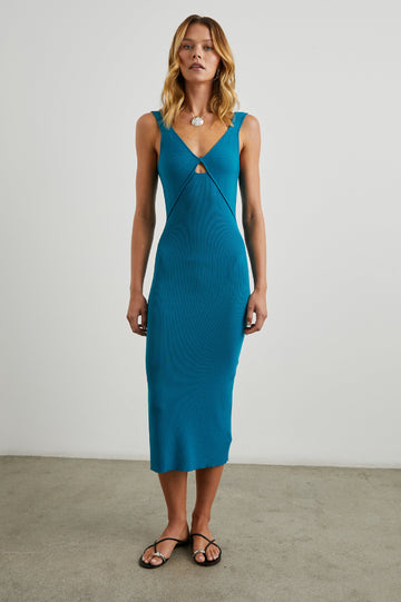 Vienna Sleeveless Midi Dress with Shoulder Straps, a V Neck with a Cutout, a Back Slit, and Vertical Seams on the Bodice in Turkish Tile Colorway, a Blue - Front Full Body View Featured on Model 