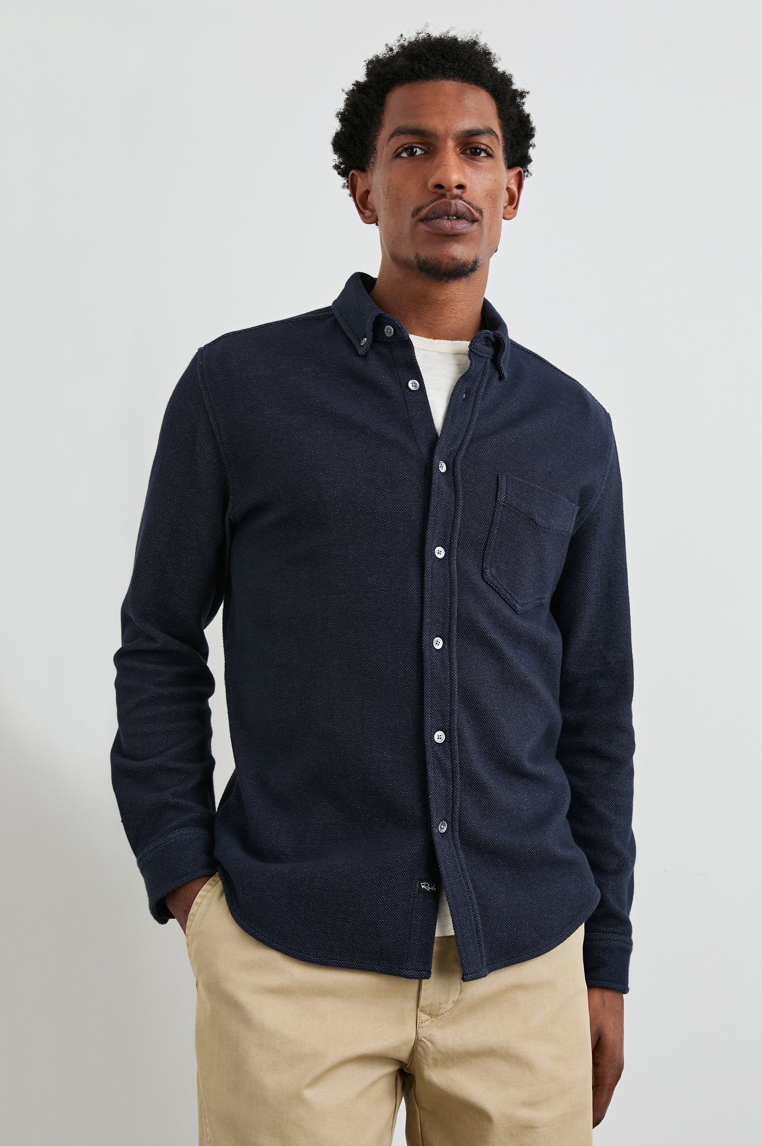 Vincent Shirt in Soft Piqué With Button-Down Collar, Chest Pocket, Front Buttons, Long Sleeves, and Classic Fit in Dark Navy Colorway - Front View Featured on Model