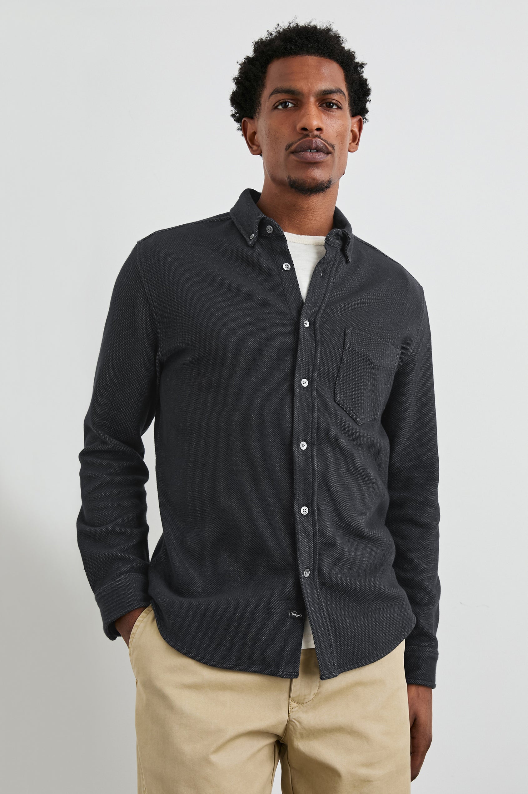 Vincent Shirt in Soft Piqué With Button-Down Collar, Chest Pocket, Front Buttons, Long Sleeves, and Classic Fit in Dark Navy Colorway - Front View Featured on Model