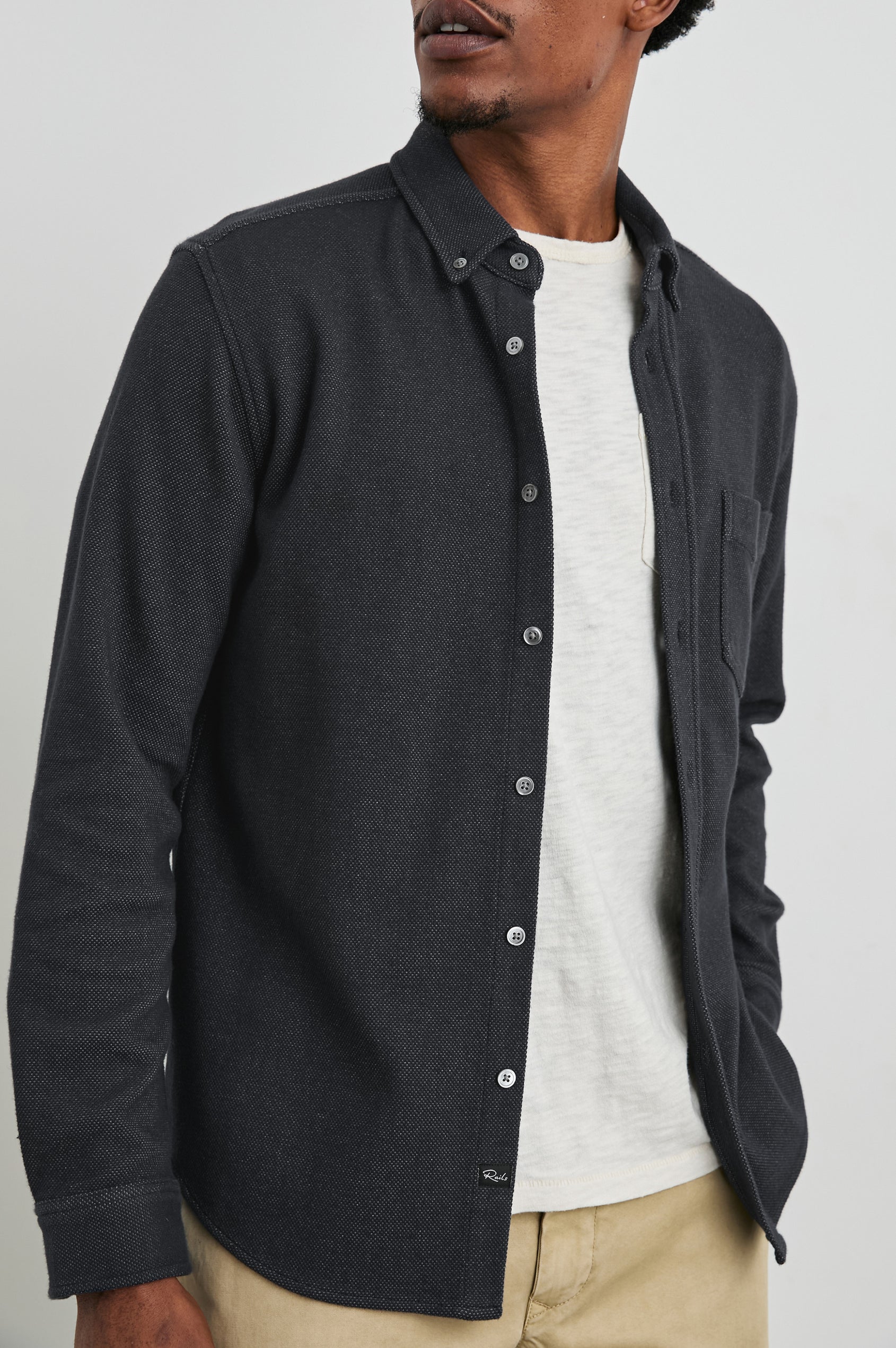 Vincent Shirt in Soft Piqué With Button-Down Collar, Chest Pocket, Front Buttons, Long Sleeves, and Classic Fit in Dark Navy Colorway - Front Close-Up View Featured on Model