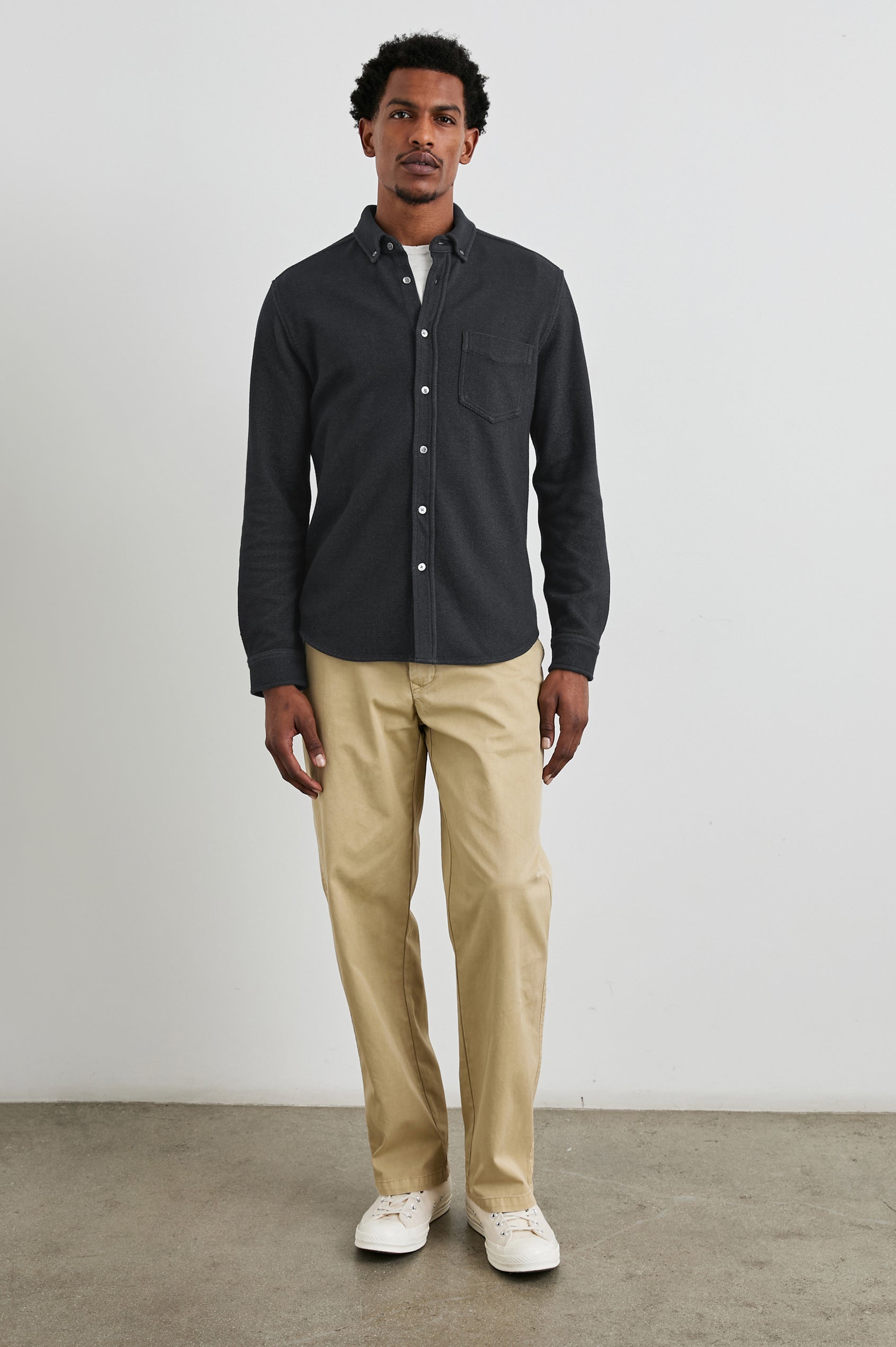 Vincent Shirt in Soft Piqué With Button-Down Collar, Chest Pocket, Front Buttons, Long Sleeves, and Classic Fit in Dark Navy Colorway - Full Body Front View Featured on Model