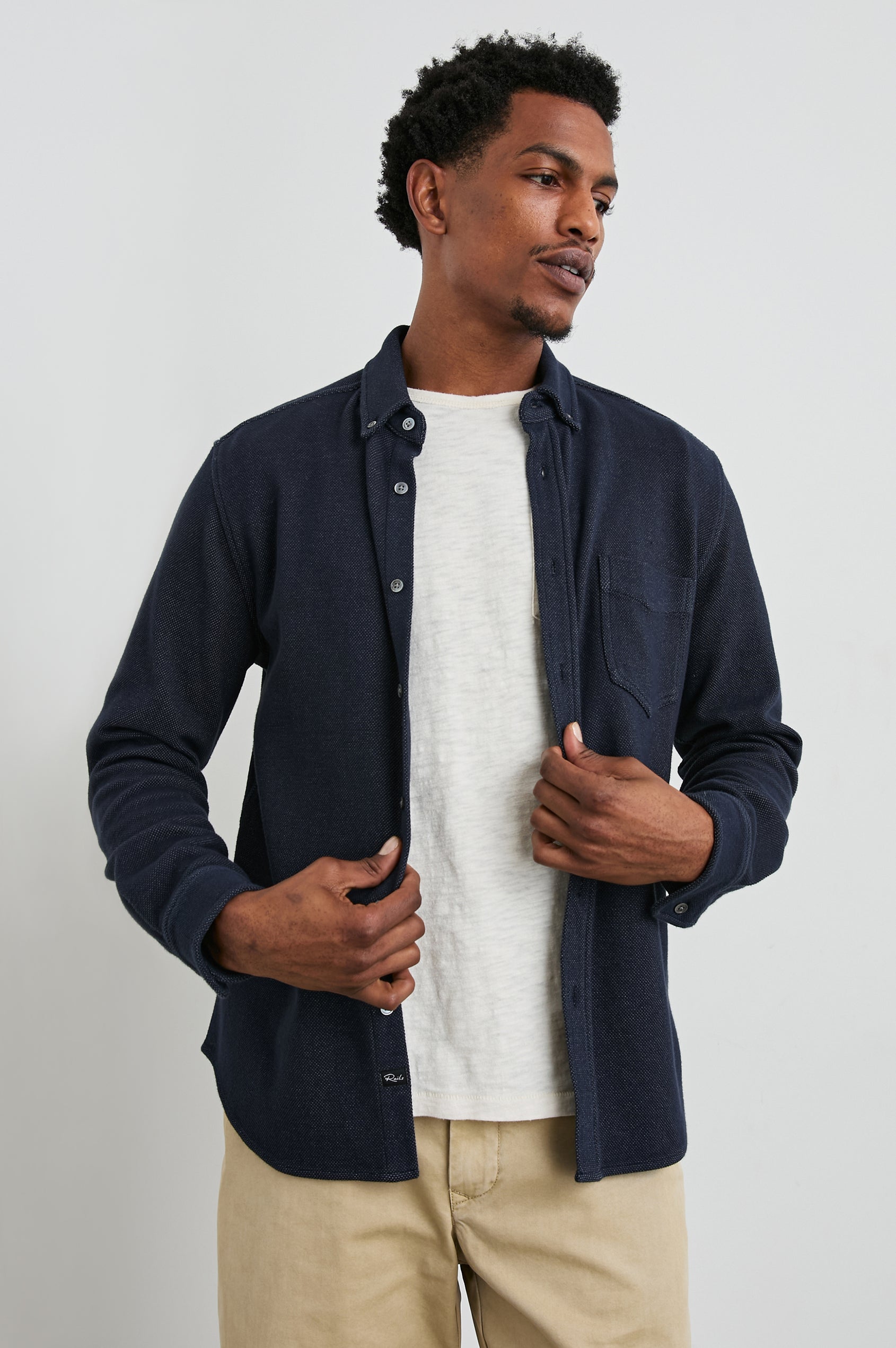 Vincent Shirt in Soft Piqué With Button-Down Collar, Chest Pocket, Front Buttons, Long Sleeves, and Classic Fit in Dark Navy Colorway - Front View Featured on Model