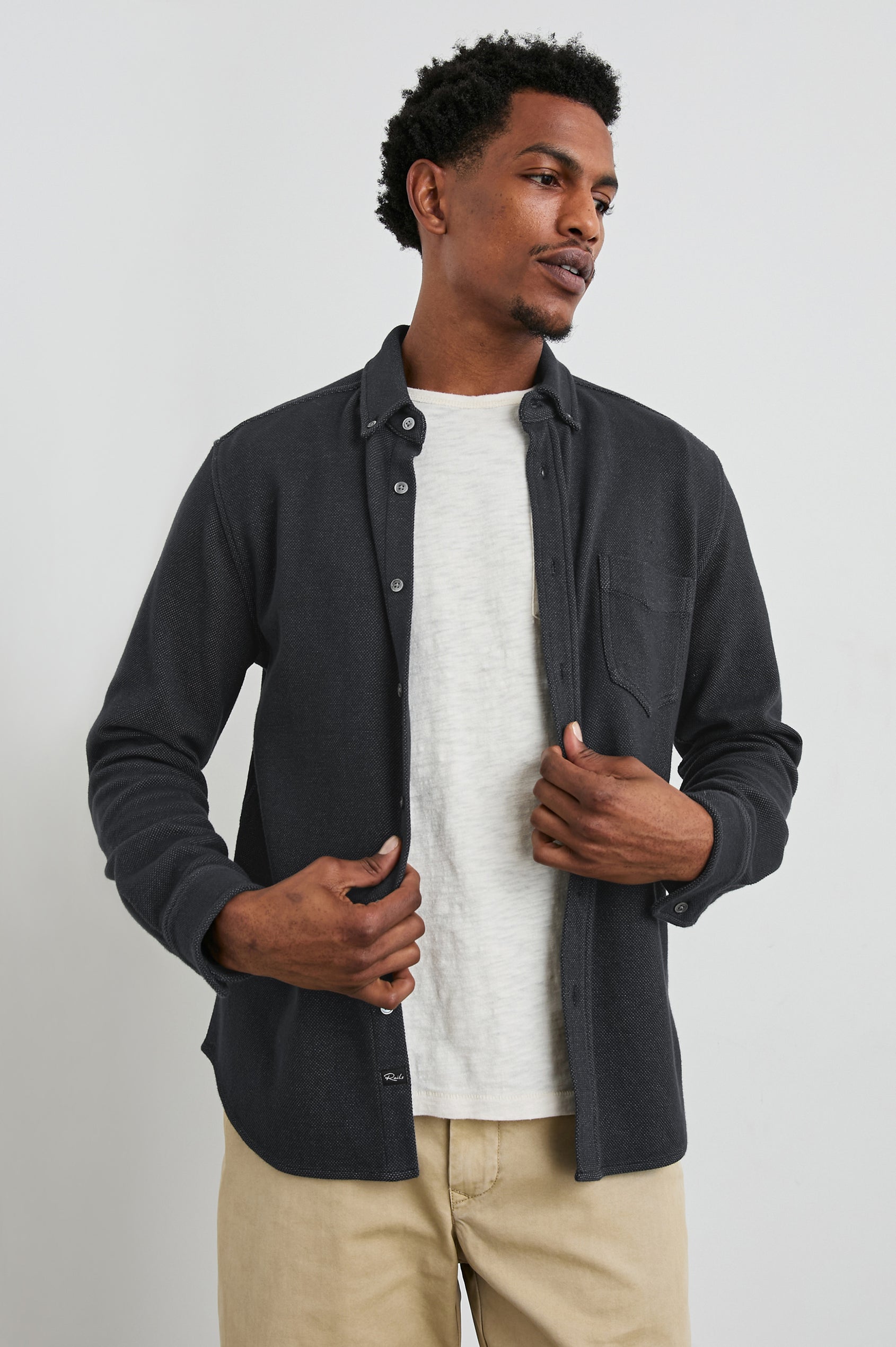 Vincent Shirt in Soft Piqué With Button-Down Collar, Chest Pocket, Front Buttons, Long Sleeves, and Classic Fit in Dark Navy Colorway - Front View Featured on Model