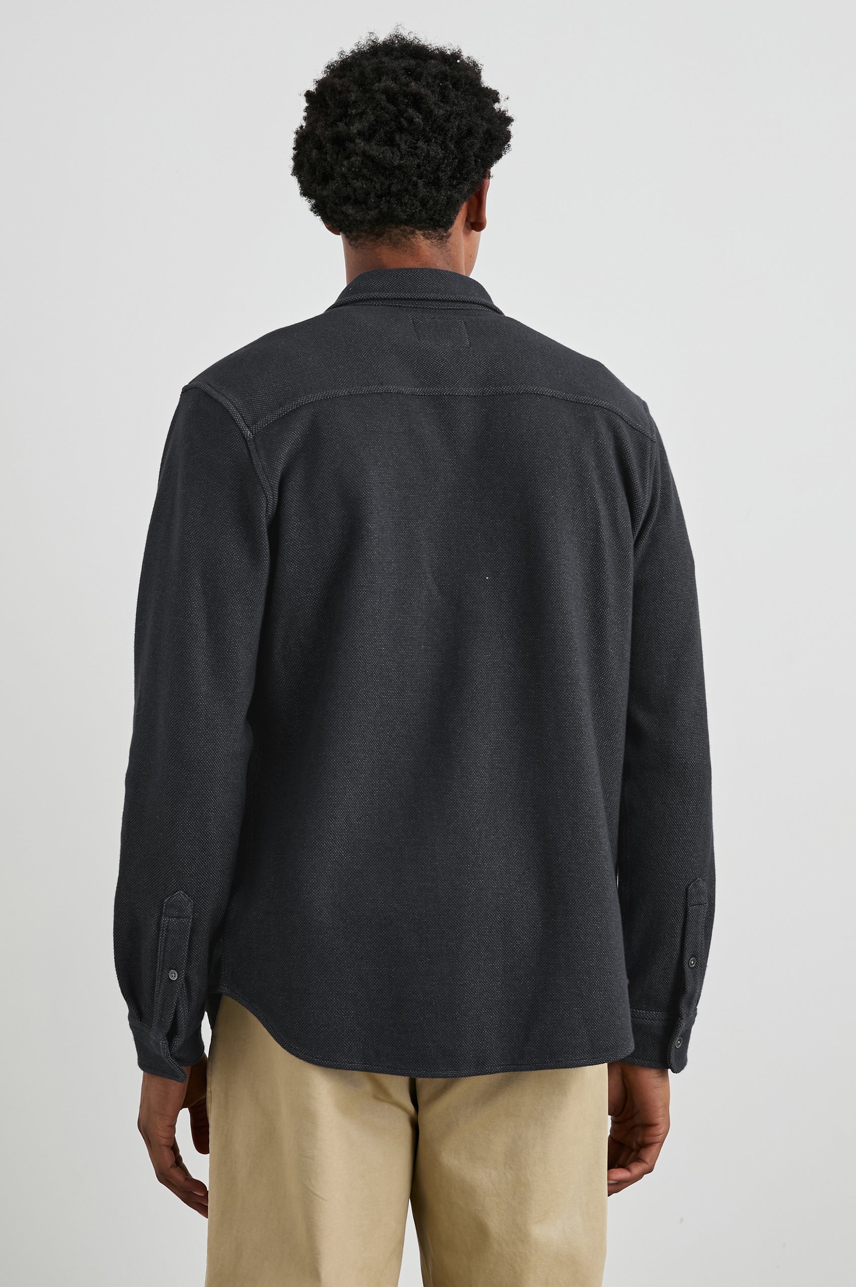 Vincent Shirt in Soft Piqué With Button-Down Collar, Chest Pocket, Front Buttons, Long Sleeves, and Classic Fit in Dark Navy Colorway - Back View Featured on Model
