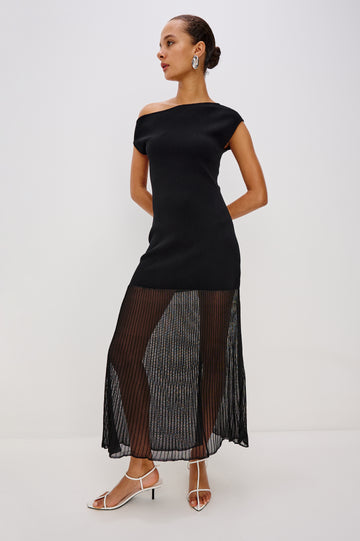 A fitted black midi dress with an off-shoulder neckline. The compact rib knit hugs the body through the hips, then transitions into a sheer pleated organza panel that finishes at a flowing midi hem. Full Body Front View featured on Model.