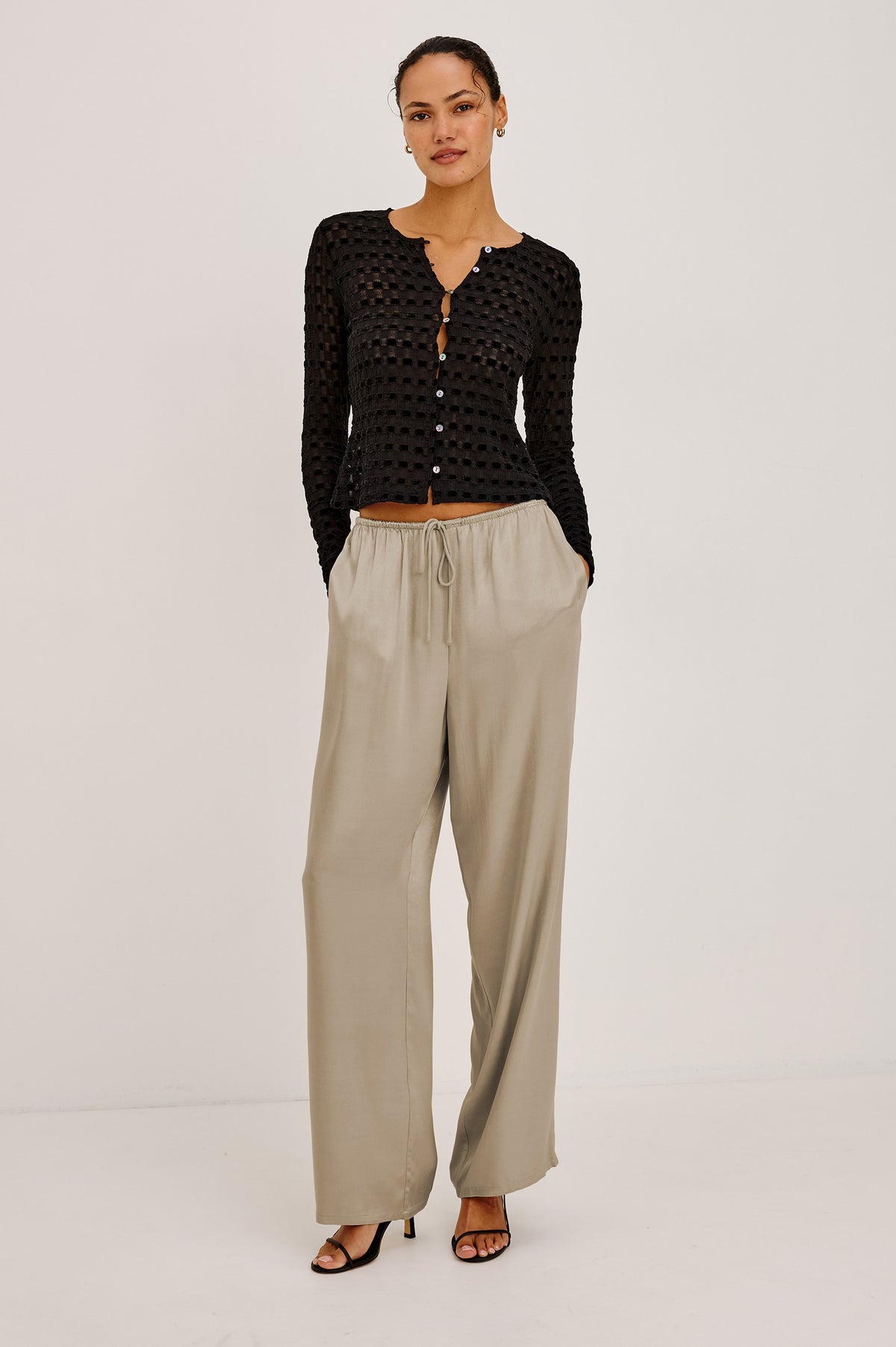 Virgo Pant in Satin-Back Crepe With Srtaight Legs, Drawstring Waist, and Side-Seam Pockets in Mink Colorway -Upper Body Front View Featured on Model.