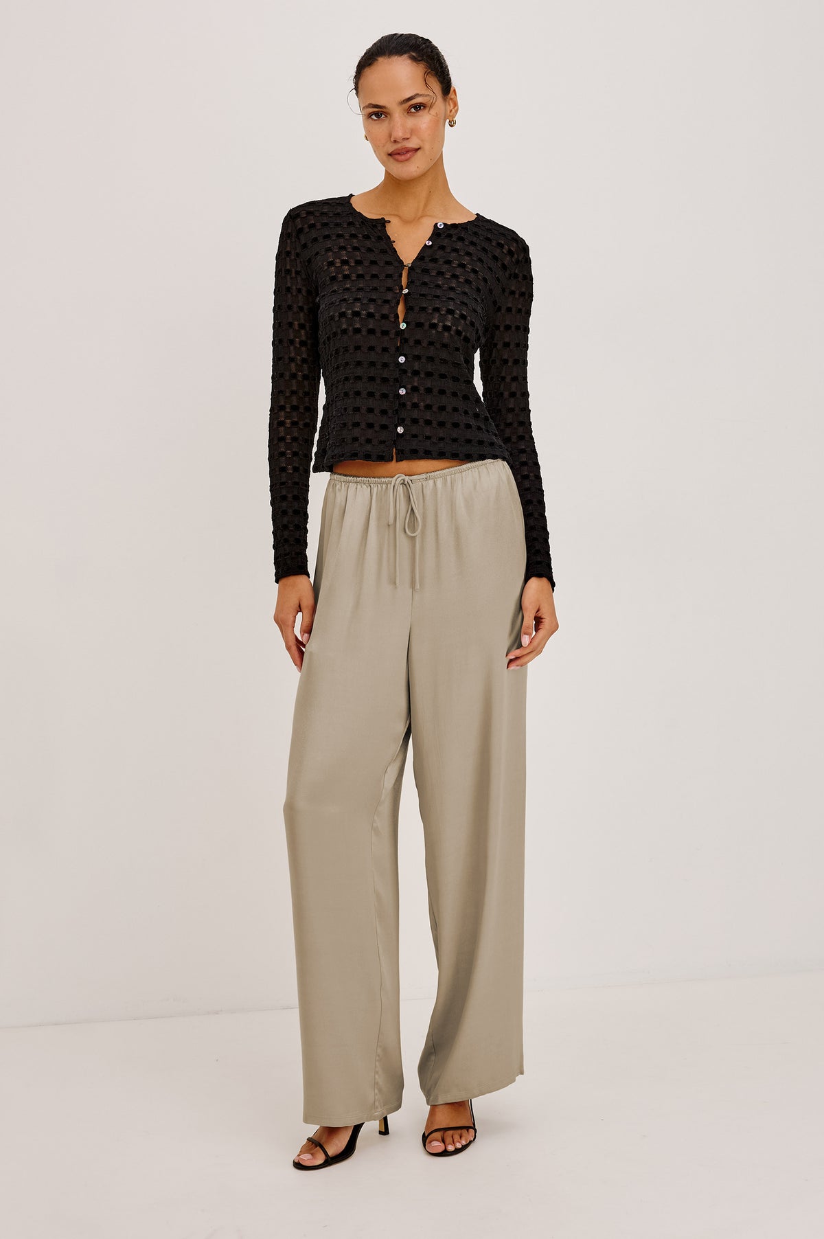 Virgo Pant in Satin-Back Crepe With Srtaight Legs, Drawstring Waist, and Side-Seam Pockets in Mink Colorway -Full Body Front View Featured on Model.