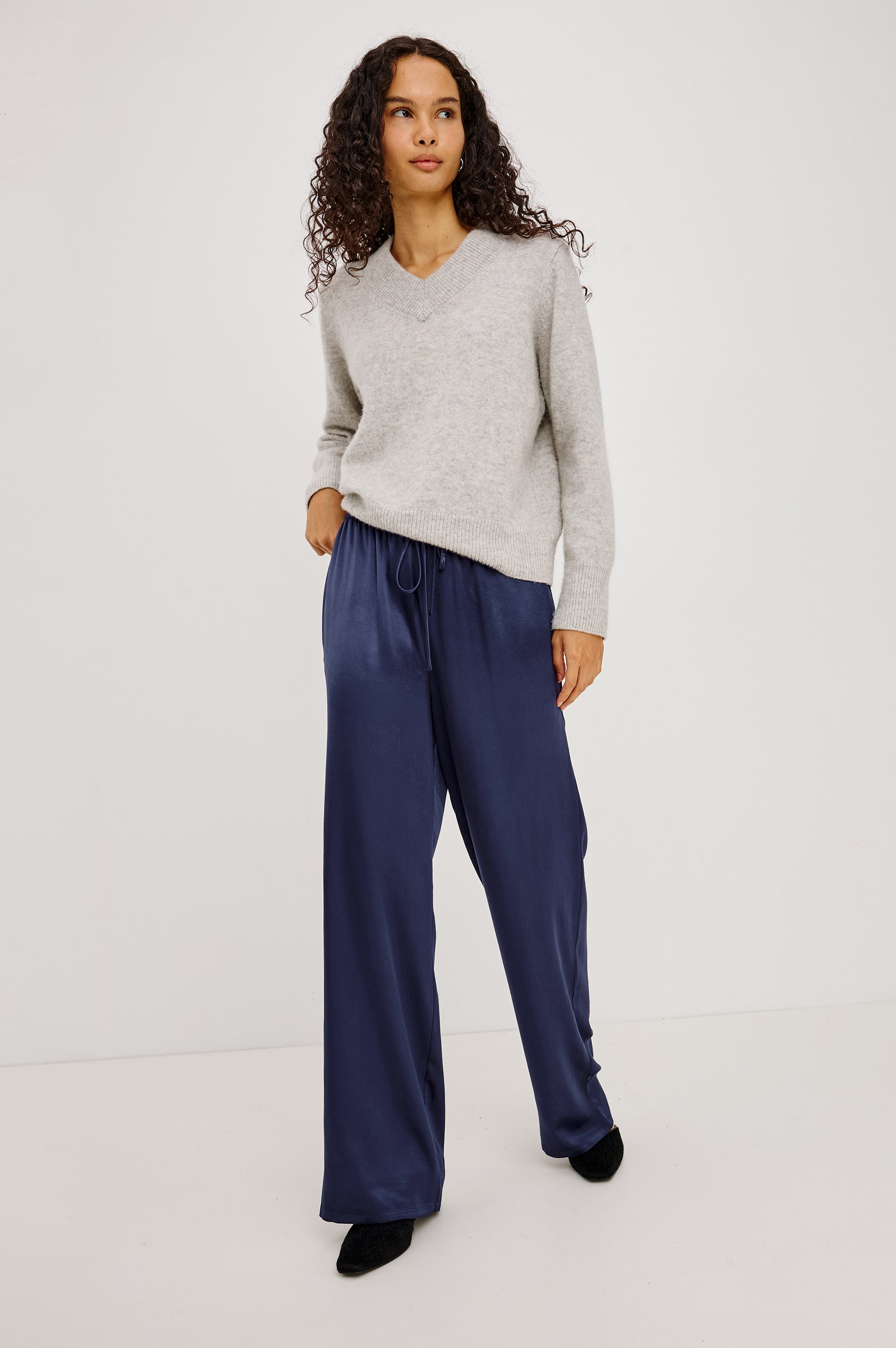 Virgo Pant in Satin-Back Crepe With Srtaight Legs, Drawstring Waist, and Side-Seam Pockets in Navy Colorway - Full Body Front View Featured on Model