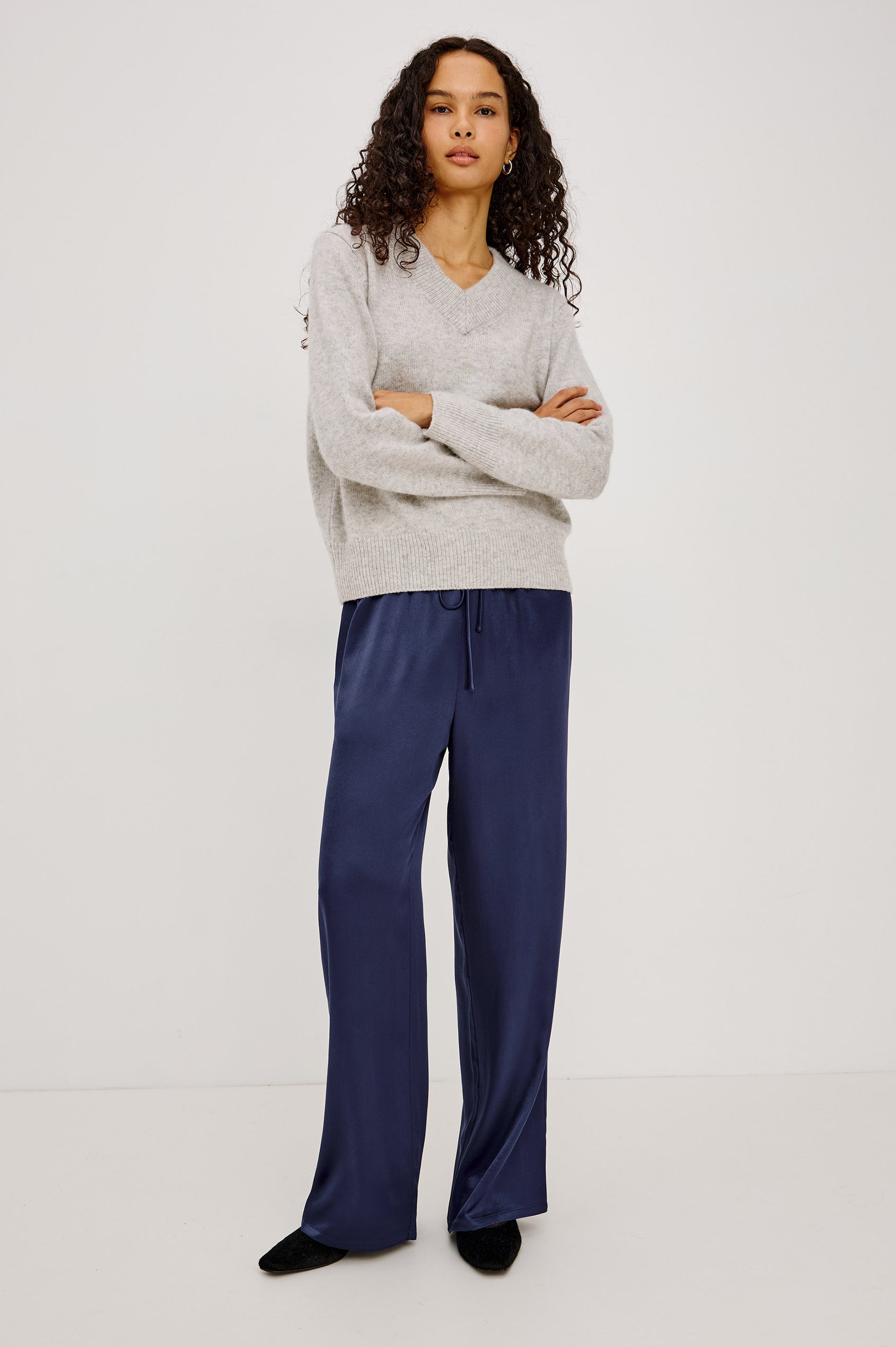 Virgo Pant in Satin-Back Crepe With Srtaight Legs, Drawstring Waist, and Side-Seam Pockets in Navy Colorway - Full Body Front View Featured on Model