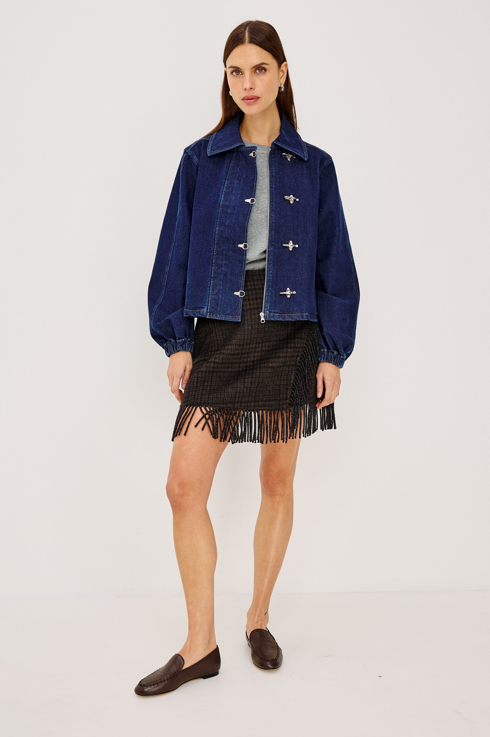 Vista Skirt in Wool Blend With High Waist, Wrap Style Front, Side Button Closure, and Fringe Hem in Highland Plaid Colorway - Full Body Front View Featured on Model