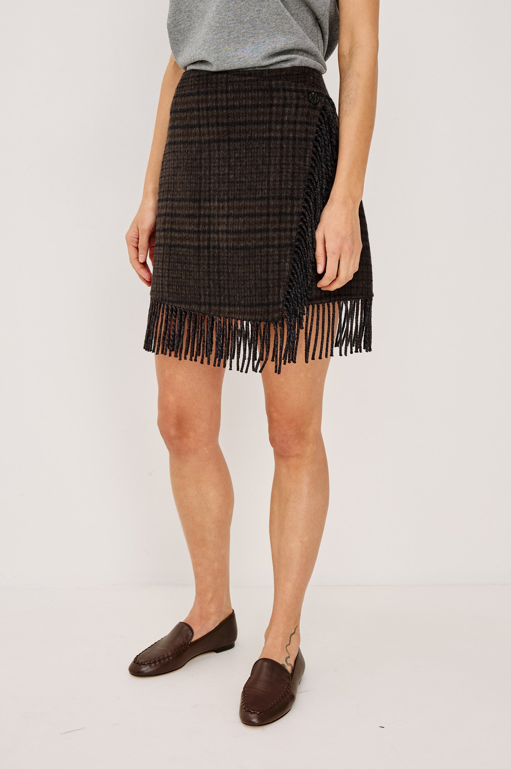 Vista Skirt in Wool Blend With High Waist, Wrap Style Front, Side Button Closure, and Fringe Hem in Highland Plaid Colorway -