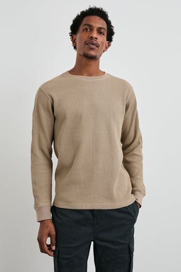 Wade Long-Sleeve Waffle Knit Thermal with a Crew Neck in Barley Colorway - Front View Featured on Model