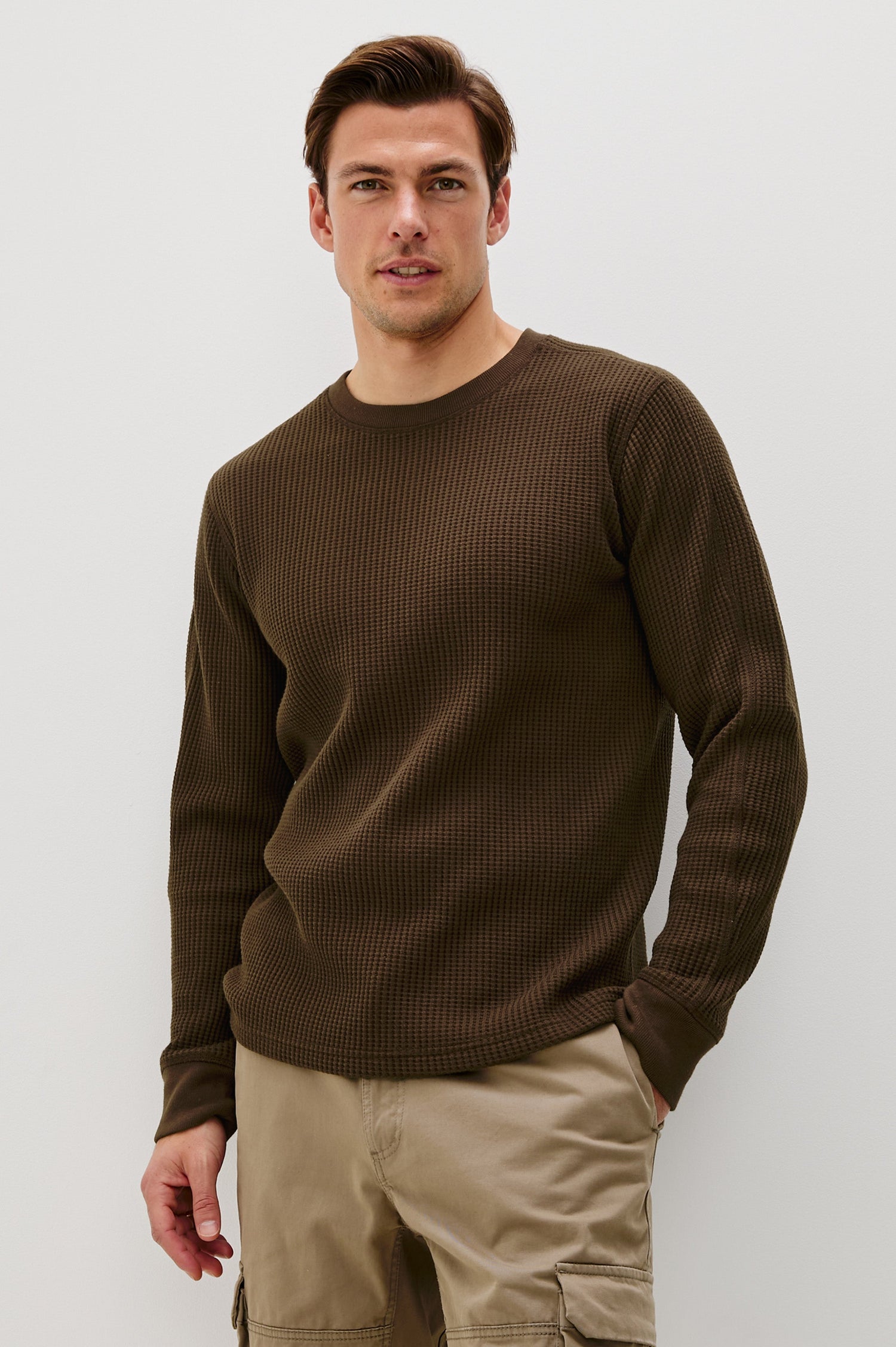 Wade Long-Sleeve Waffle Knit Thermal with a Crew Neck in Chocolate Colorway - Front View Featured on Model.