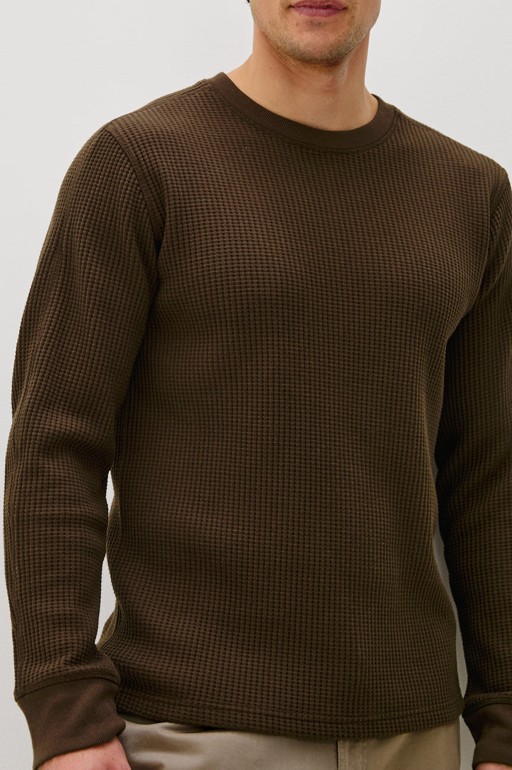 Wade Long-Sleeve Waffle Knit Thermal with a Crew Neck in Chocolate Colorway - Front Detail View Featured on Model.