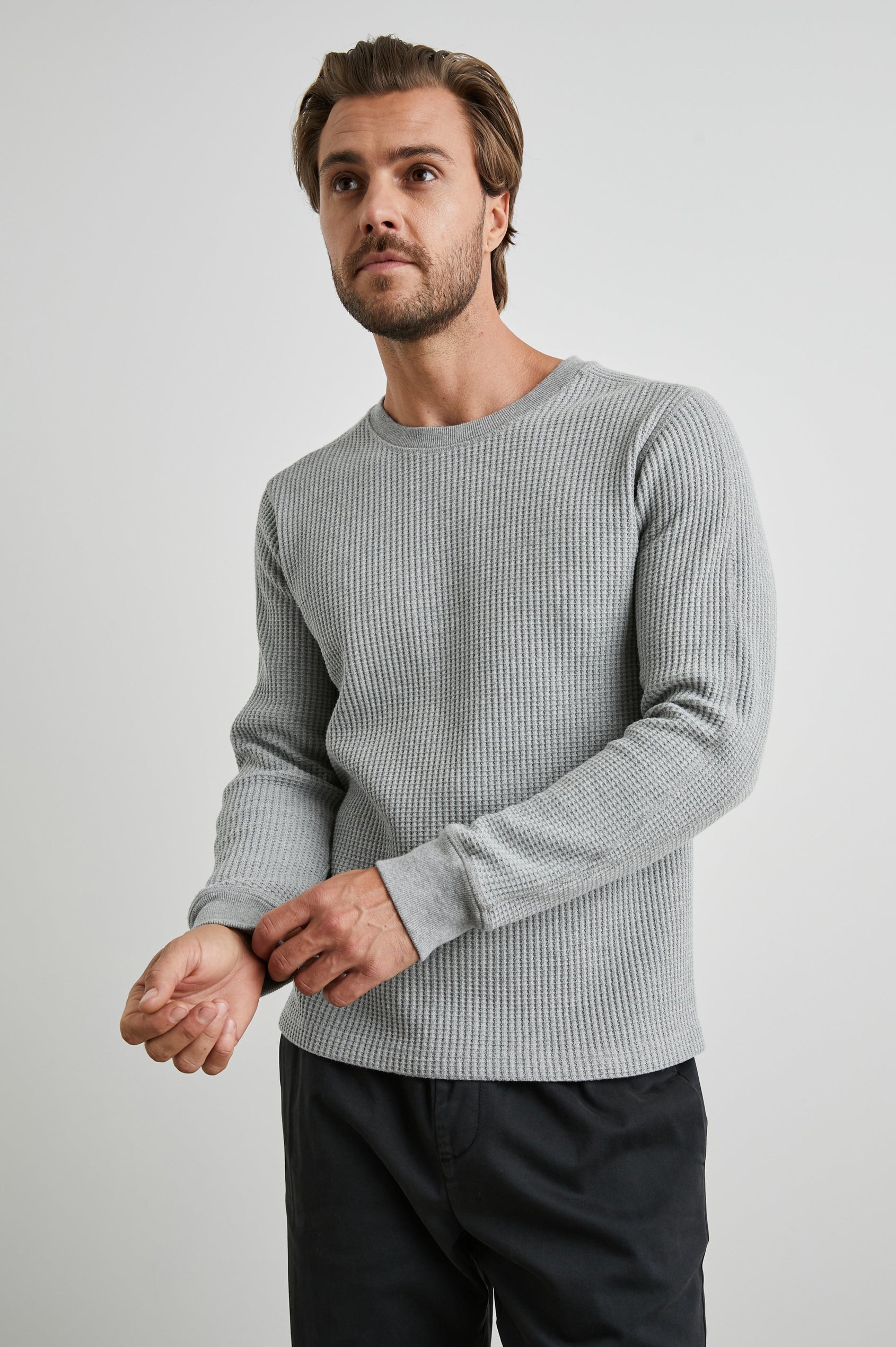 Wade Long-Sleeve Waffle Knit Thermal with a Crew Neck in Heather Grey Colorway - Front View Featured on Model