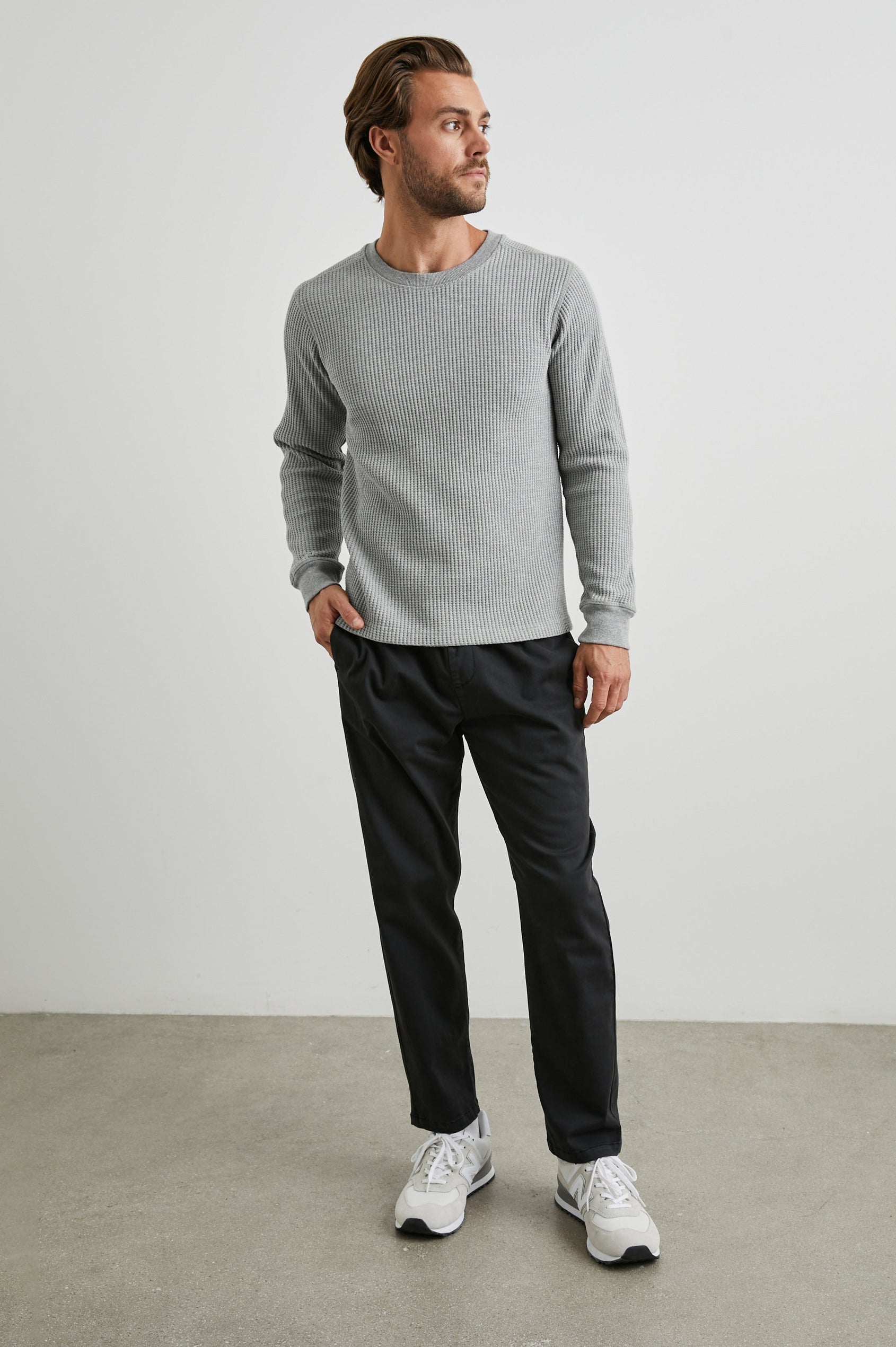 Wade Long-Sleeve Waffle Knit Thermal with a Crew Neck in Heather Grey Colorway - Front Full Body View Featured on Model