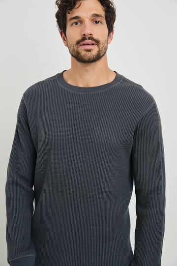 Wade Long-Sleeve Waffle Knit Thermal with a Crew Neck in Ink Colorway - Front View Featured on Model