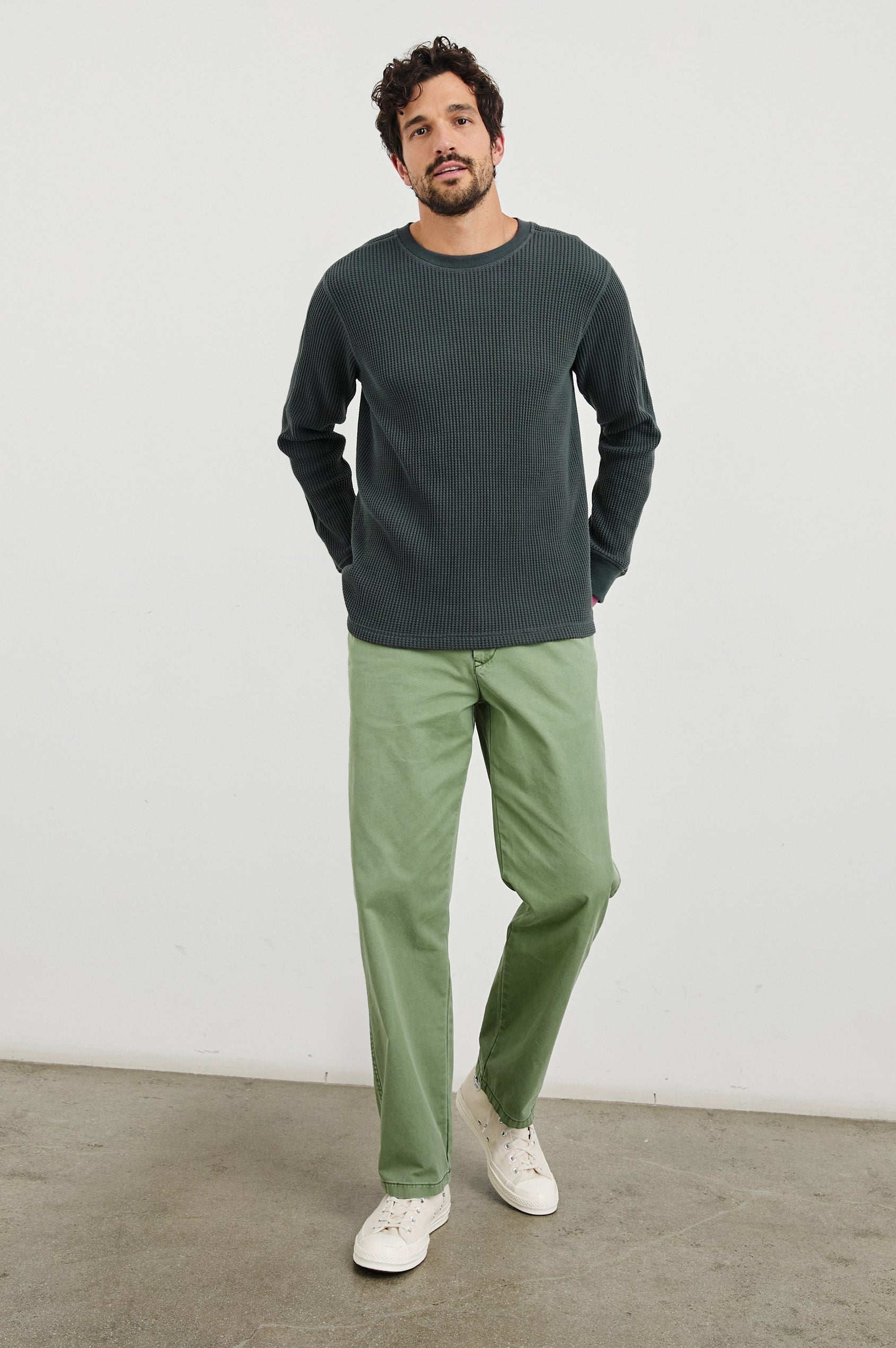 Wade Long-Sleeve Waffle Knit Thermal with a Crew Neck in Ink Colorway - Front Full Body View Featured on Model