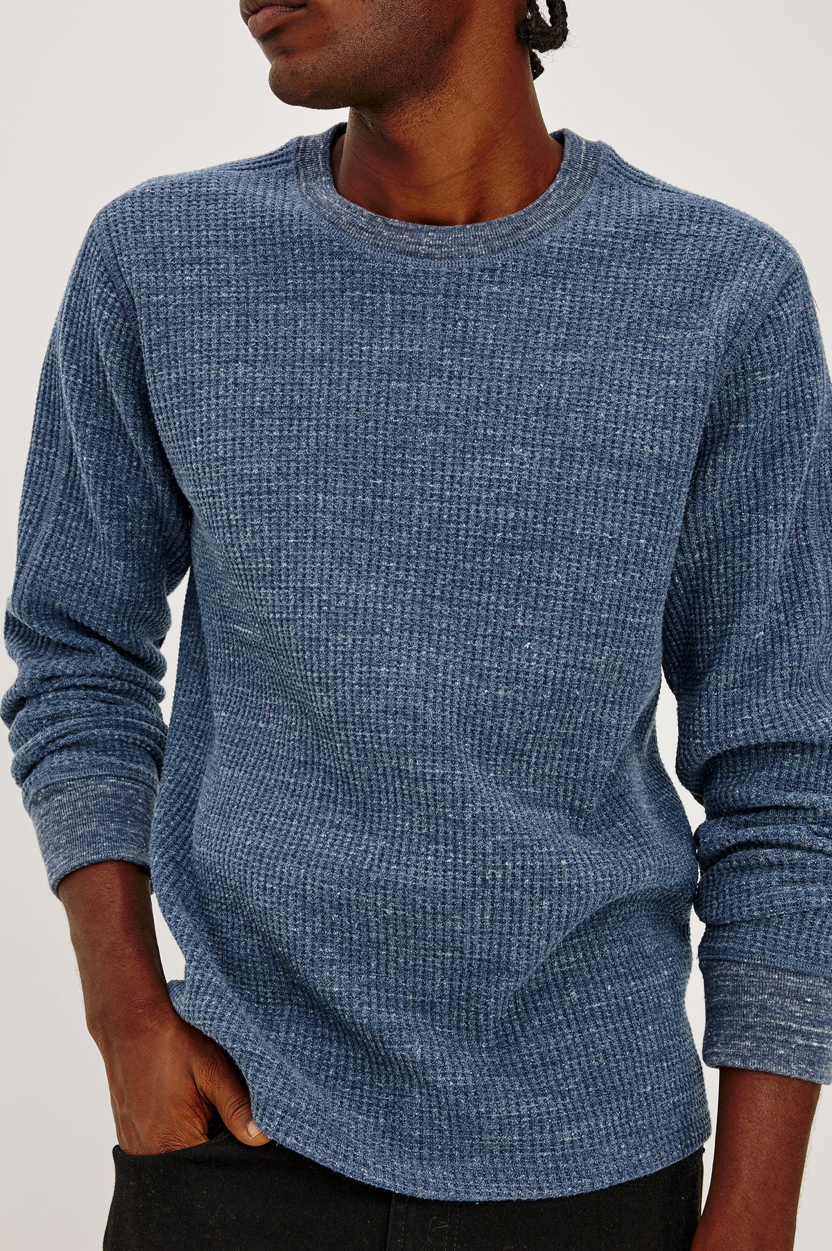 Wade Long-Sleeve Waffle Knit Thermal with a Crew Neck in Medieval Blue Heather Colorway - Upper Body Front Detail View Featured on Model.