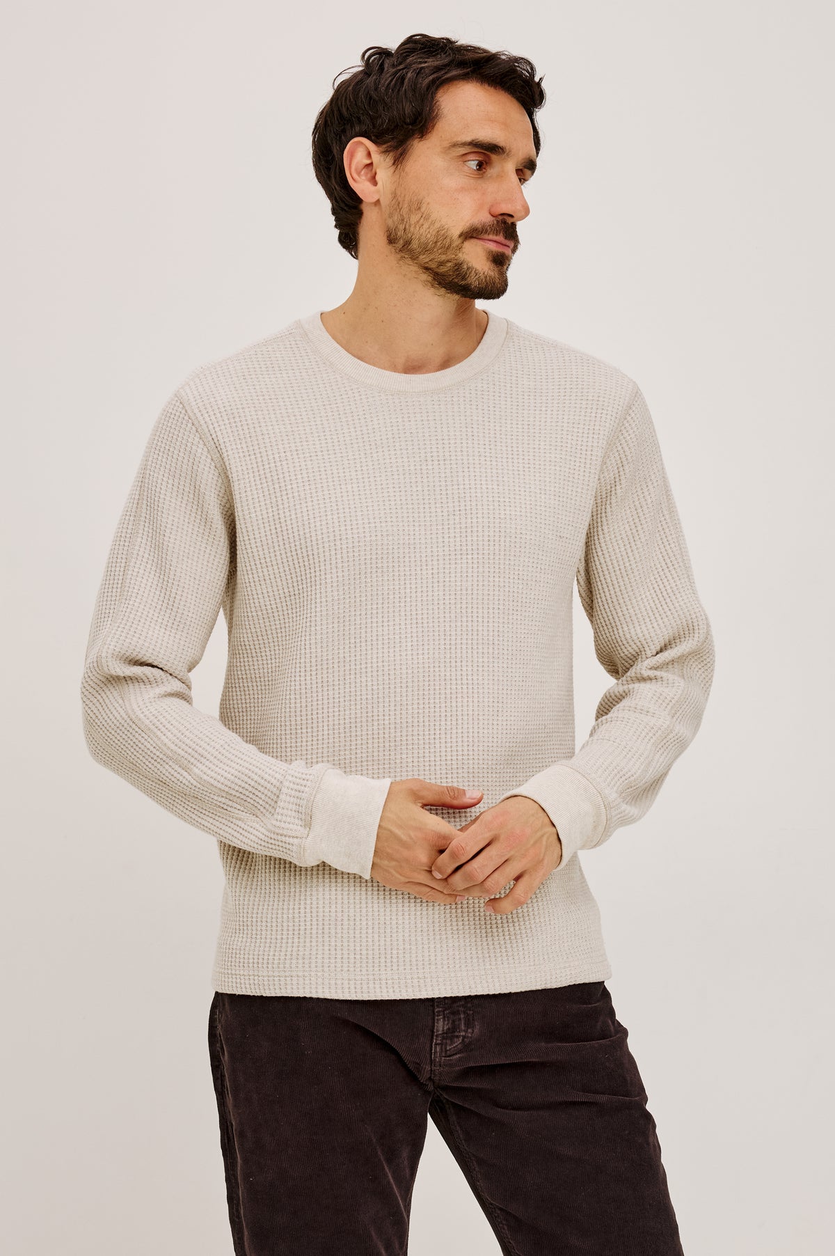 Wade Long-Sleeve Waffle Knit Thermal with a Crew Neck in Oat Heather Colorway - Front View Featured on Model.