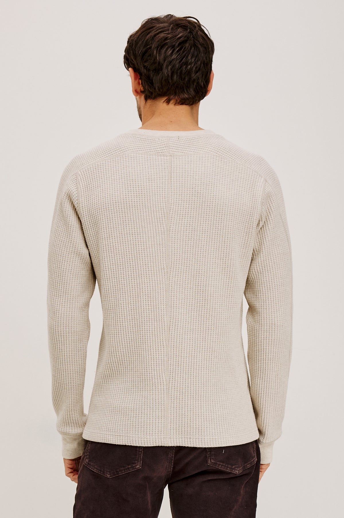 Wade Long-Sleeve Waffle Knit Thermal with a Crew Neck in Oat Heather Colorway - Upper Body Back View Featured on Model.