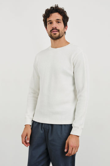 Wade Long-Sleeve Waffle Knit Thermal with a Crew Neck in White Colorway - Front View Featured on Model